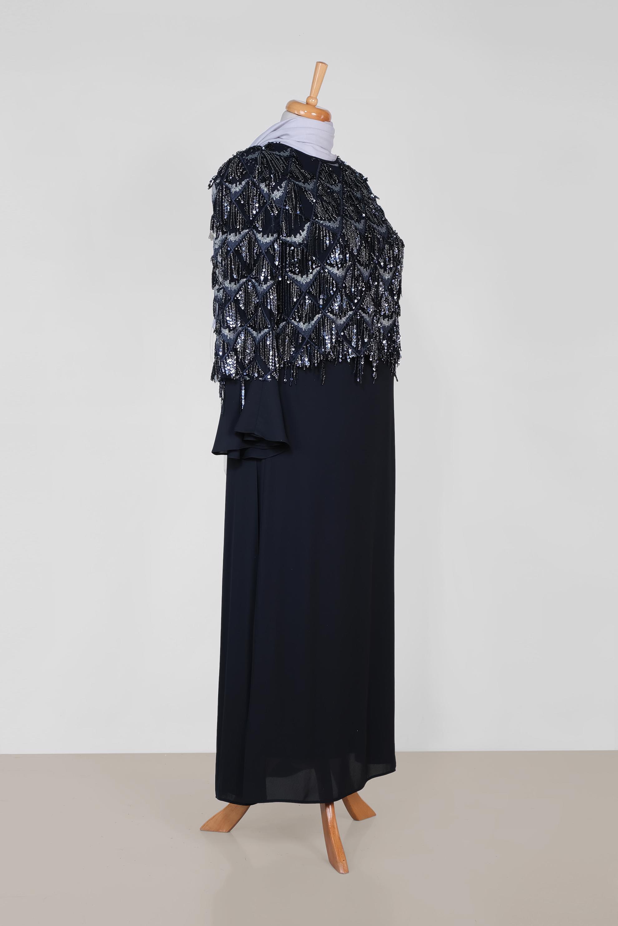 Tesettür giyim LACİVERT PUL PAYET SAÇAKLI İKİLİ ELBİSELİ ABİYE 5601	