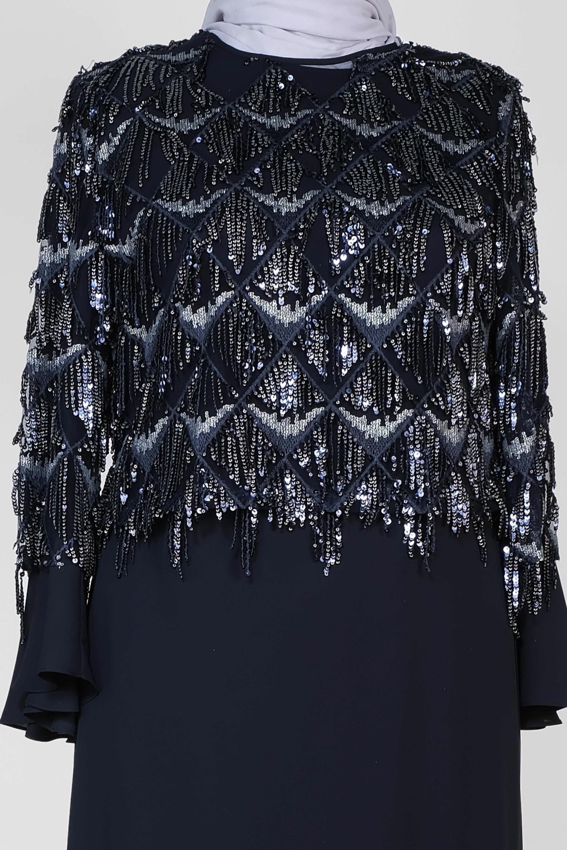 Tesettür giyim LACİVERT PUL PAYET SAÇAKLI İKİLİ ELBİSELİ ABİYE 5601	