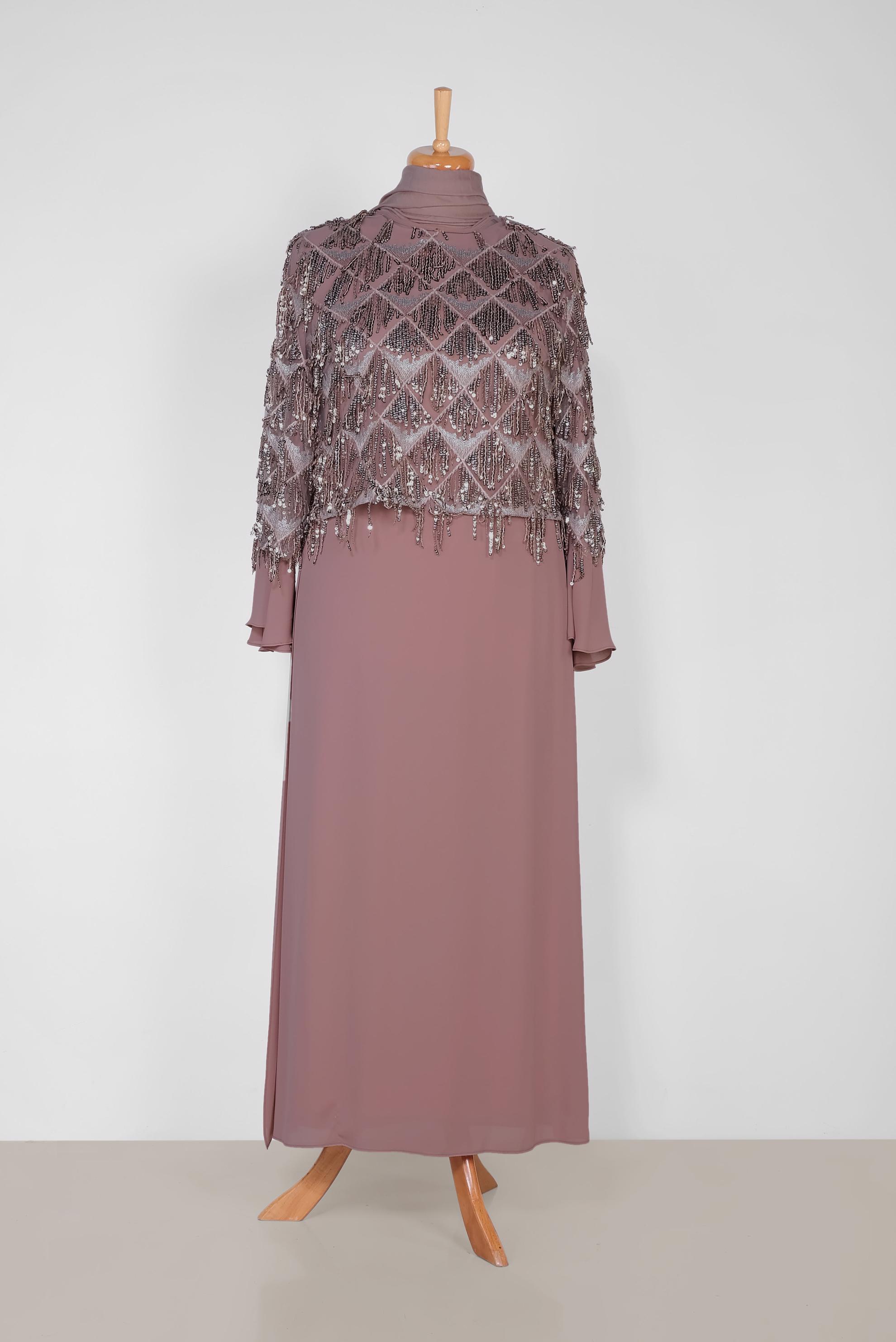 Tesettür giyim PEMBE PUL PAYET SAÇAKLI İKİLİ ELBİSELİ ABİYE 5601	