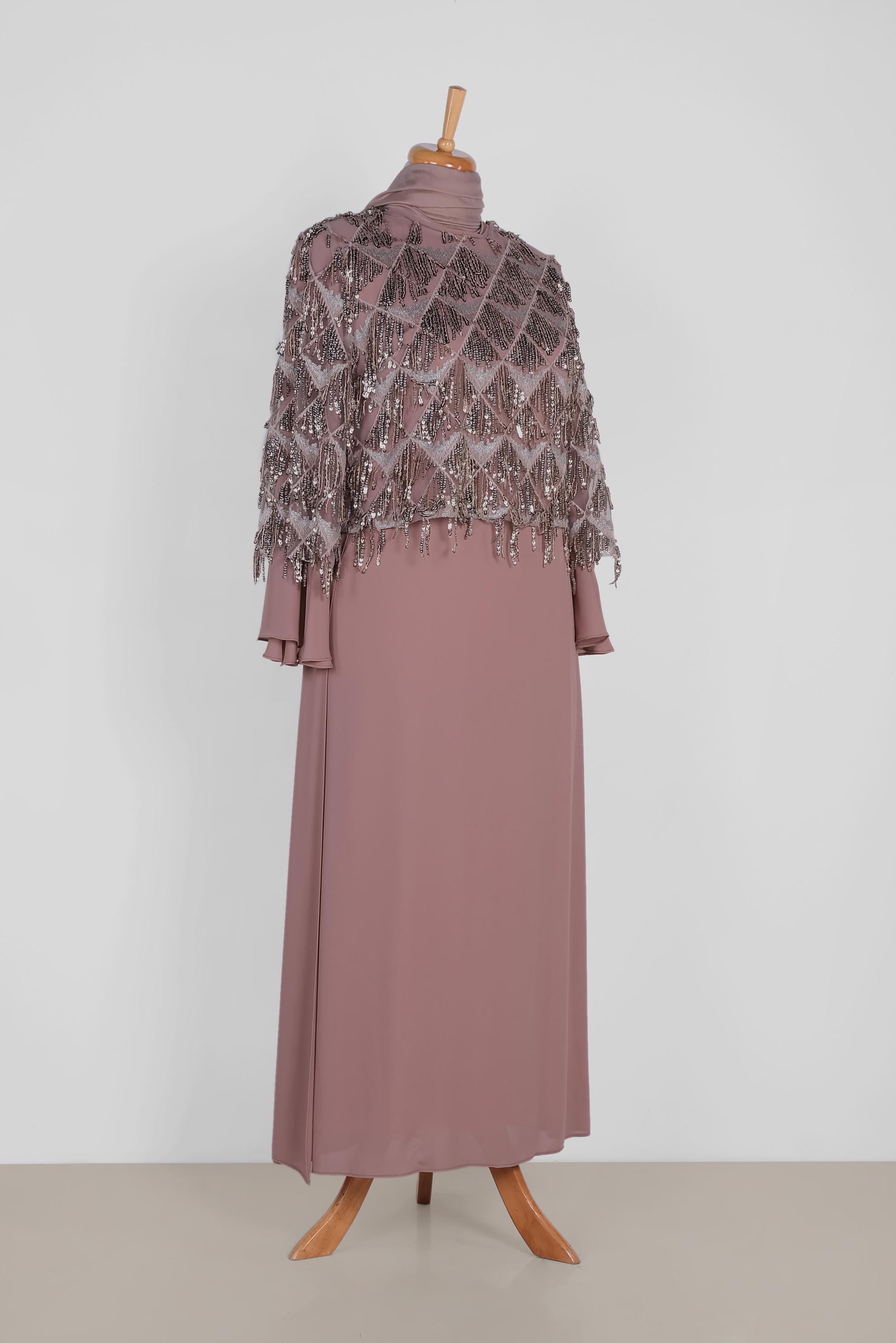 Tesettür giyim PEMBE PUL PAYET SAÇAKLI İKİLİ ELBİSELİ ABİYE 5601	