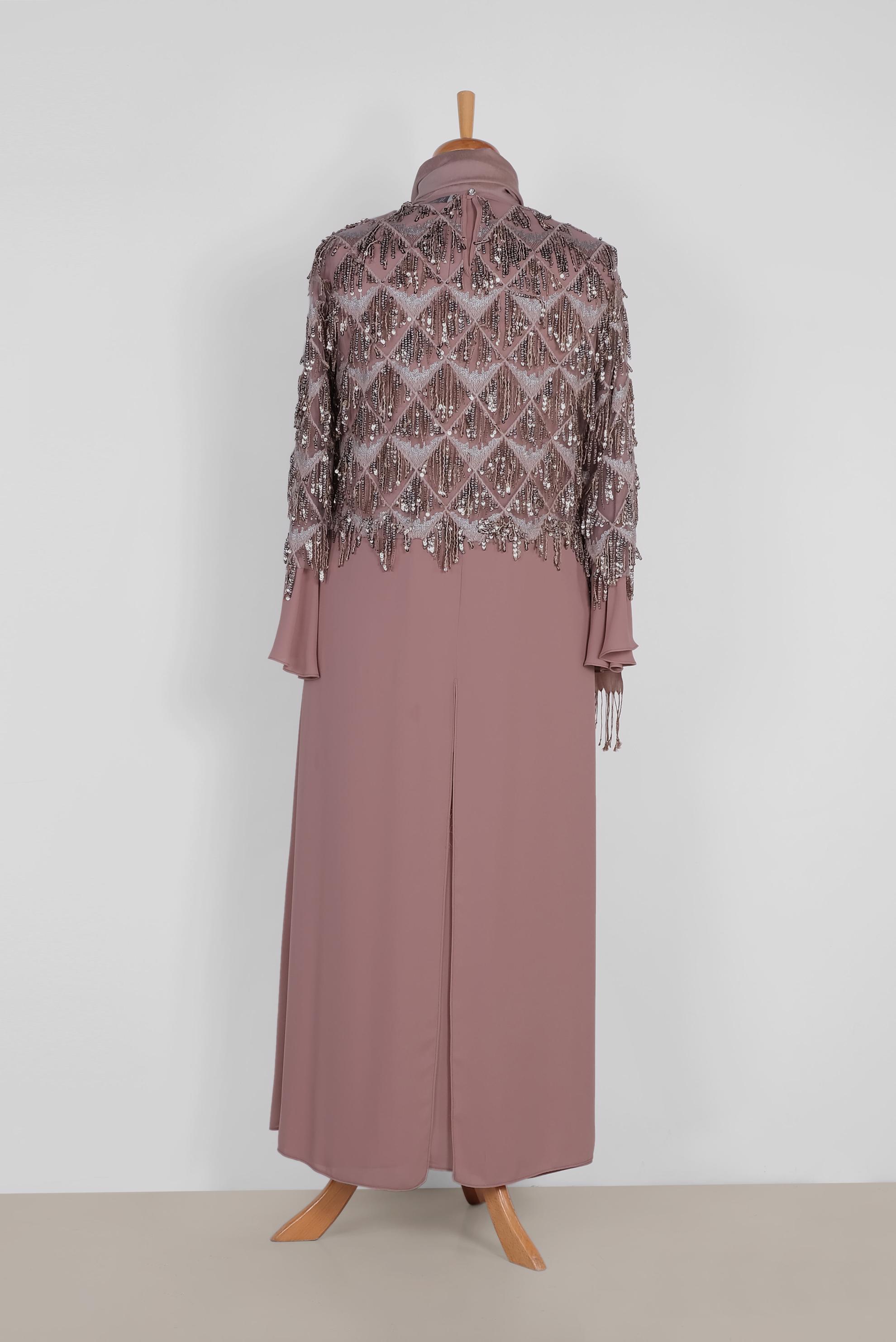 Tesettür giyim PEMBE PUL PAYET SAÇAKLI İKİLİ ELBİSELİ ABİYE 5601	