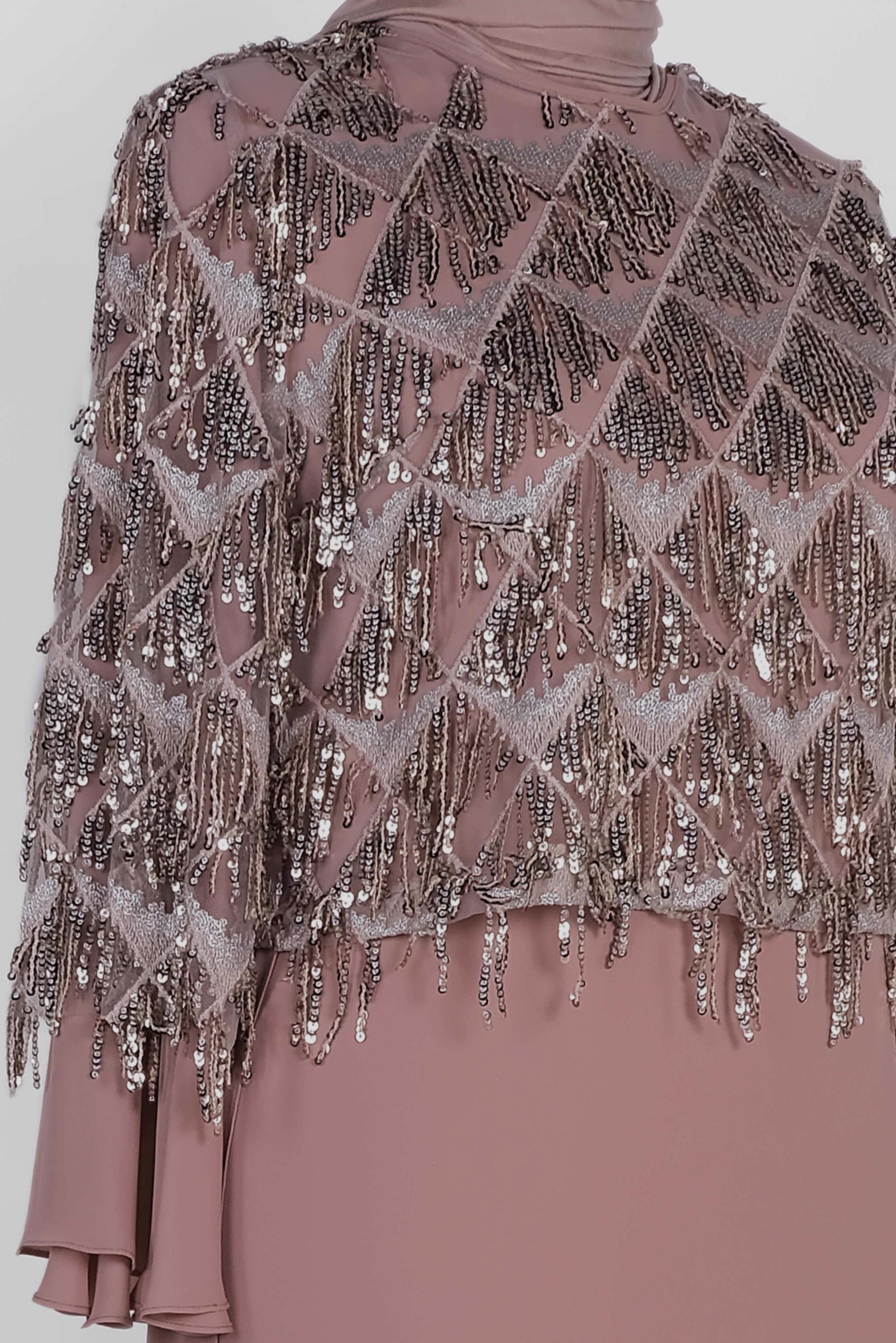 Tesettür giyim PEMBE PUL PAYET SAÇAKLI İKİLİ ELBİSELİ ABİYE 5601	