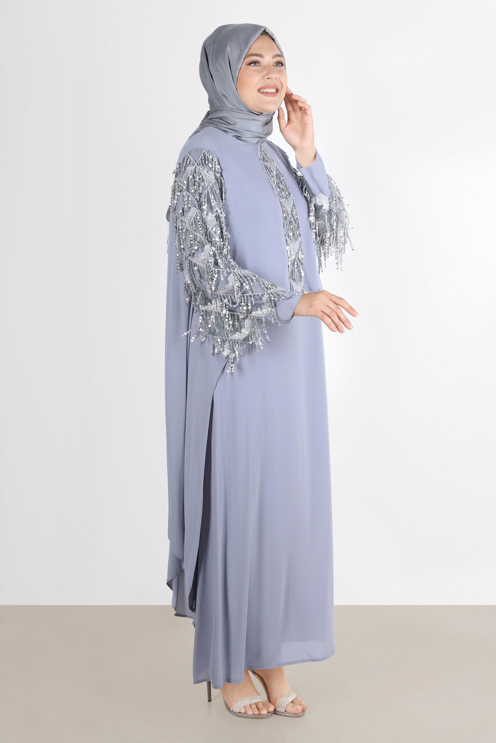 Tesettür giyim GRİ BÜYÜK BEDEN PÜSKÜLLÜ ABİYE ELBİSE 5602