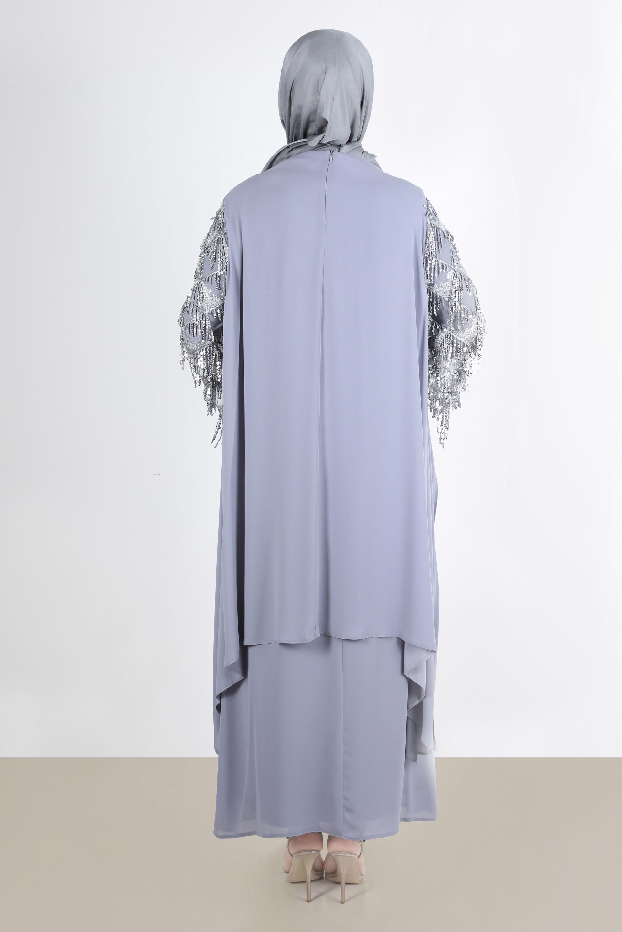 Tesettür giyim GRİ BÜYÜK BEDEN PÜSKÜLLÜ ABİYE ELBİSE 5602