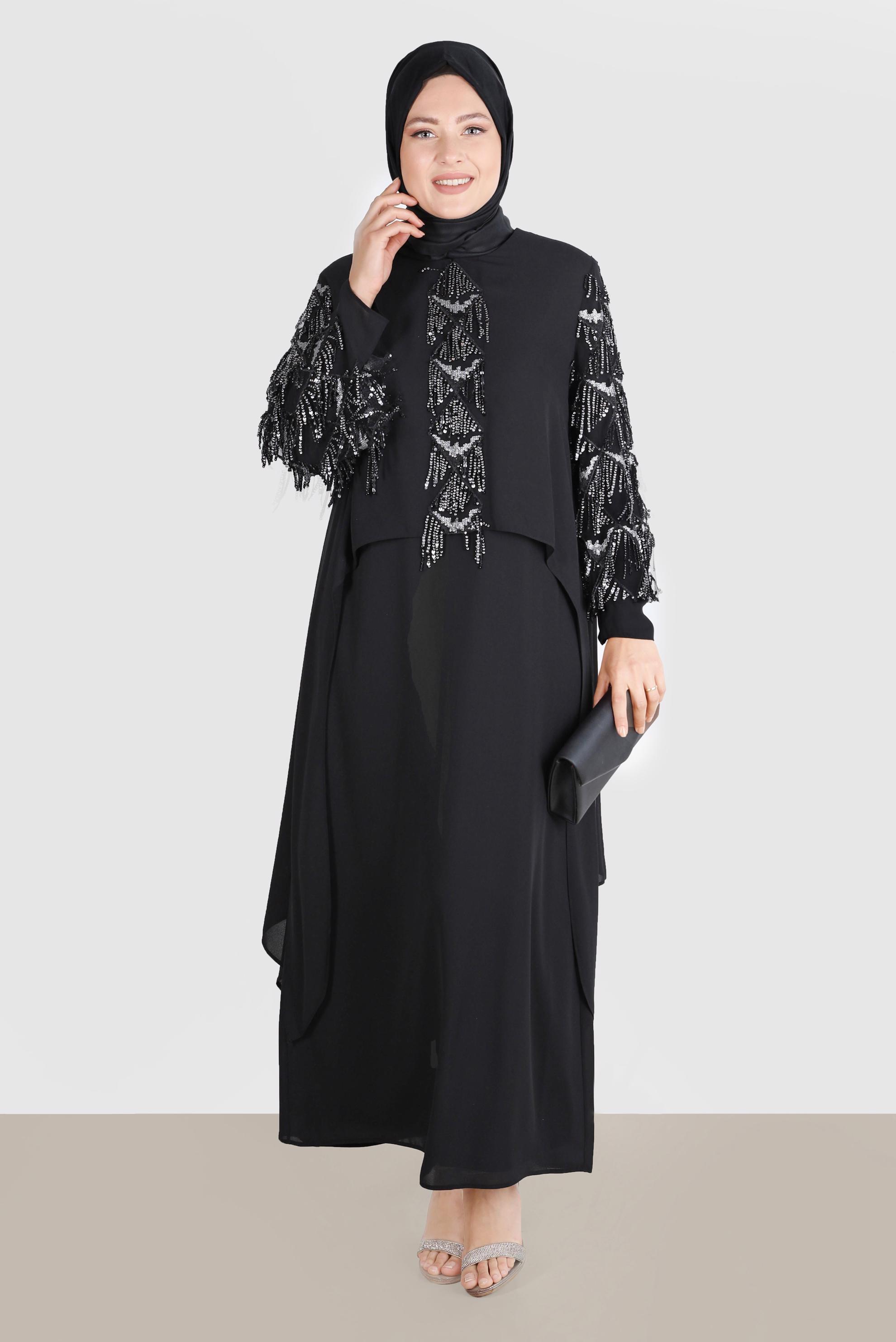Tesettür giyim SİYAH BÜYÜK BEDEN PÜSKÜLLÜ ABİYE ELBİSE 5602