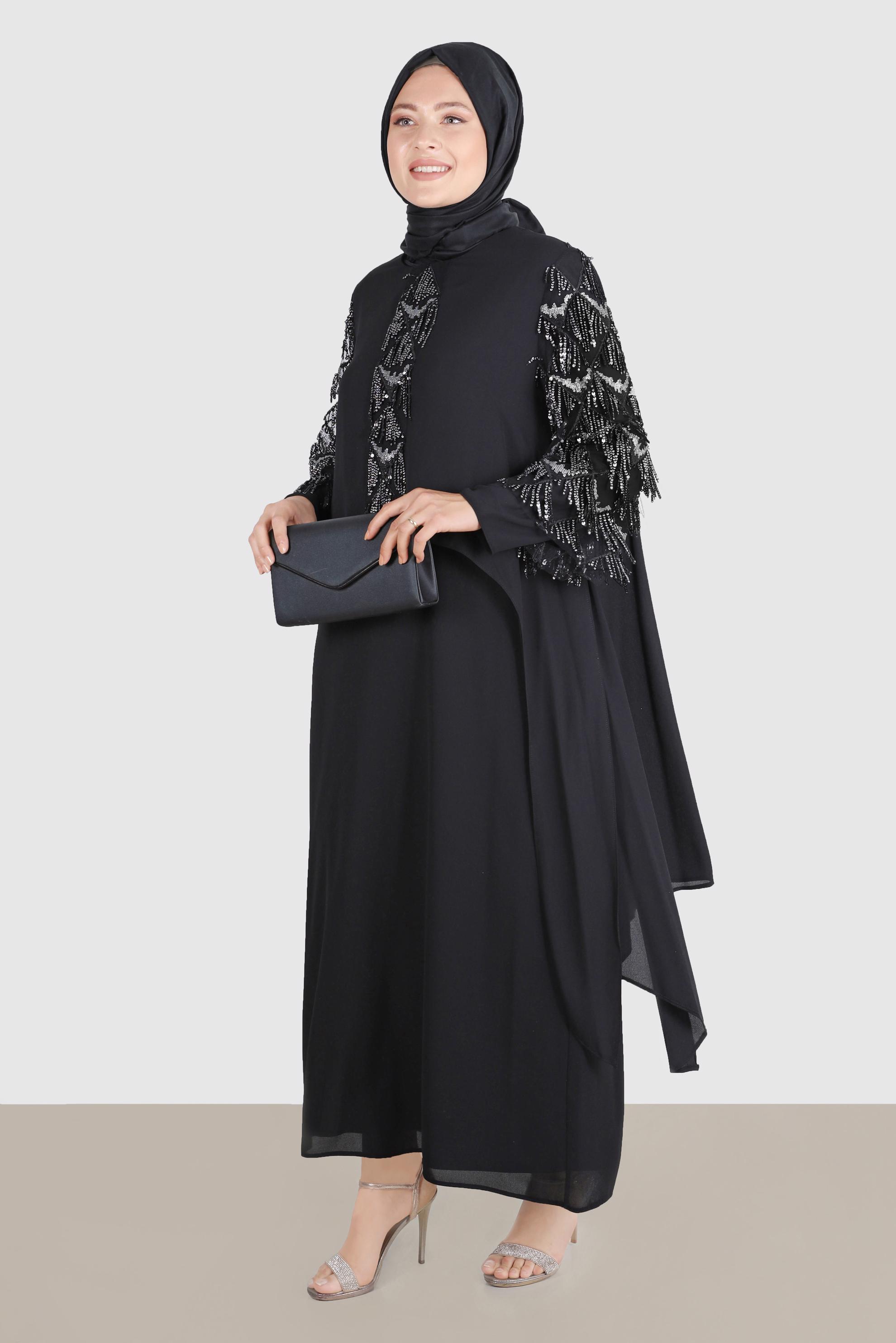 Tesettür giyim SİYAH BÜYÜK BEDEN PÜSKÜLLÜ ABİYE ELBİSE 5602