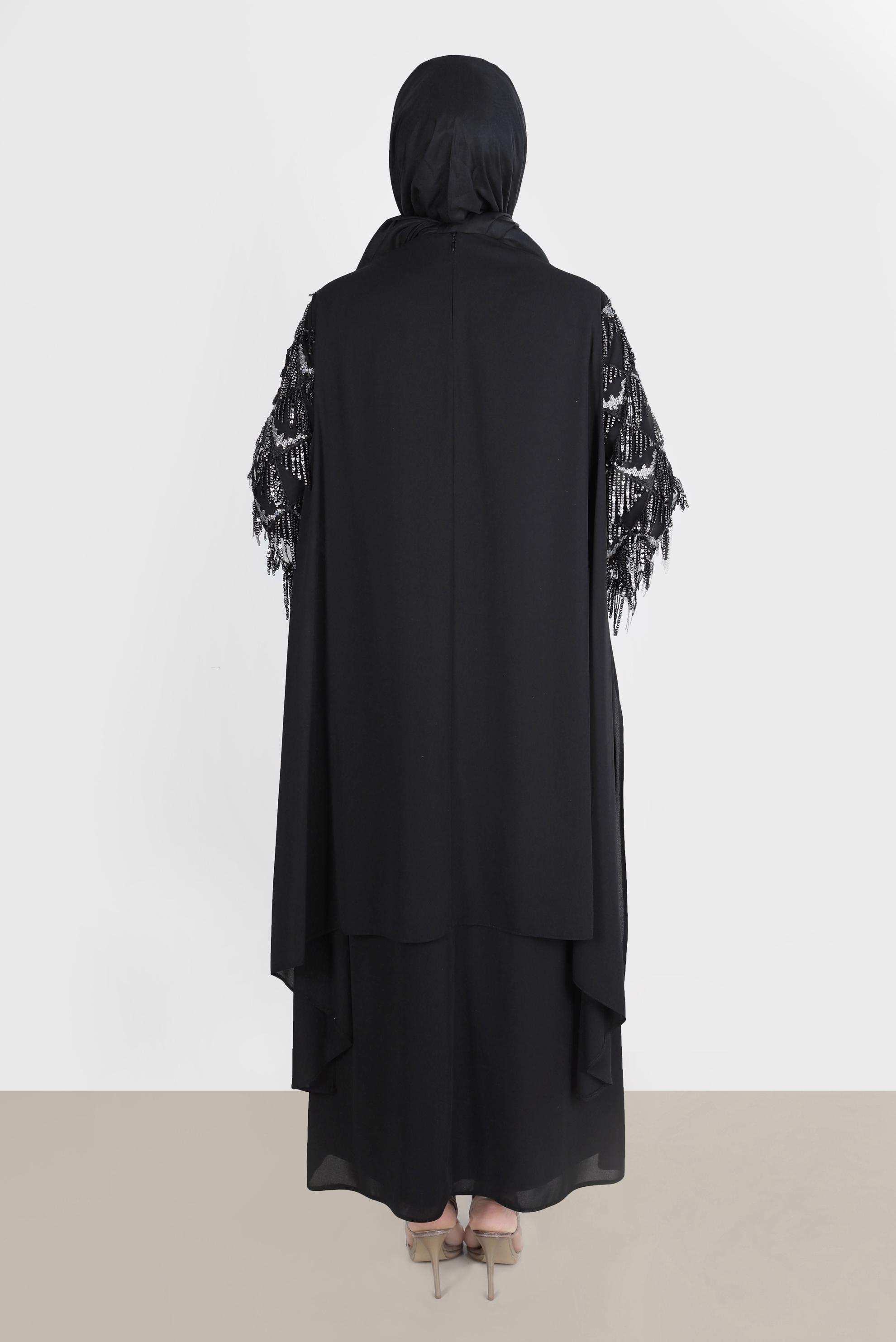 Tesettür giyim SİYAH BÜYÜK BEDEN PÜSKÜLLÜ ABİYE ELBİSE 5602