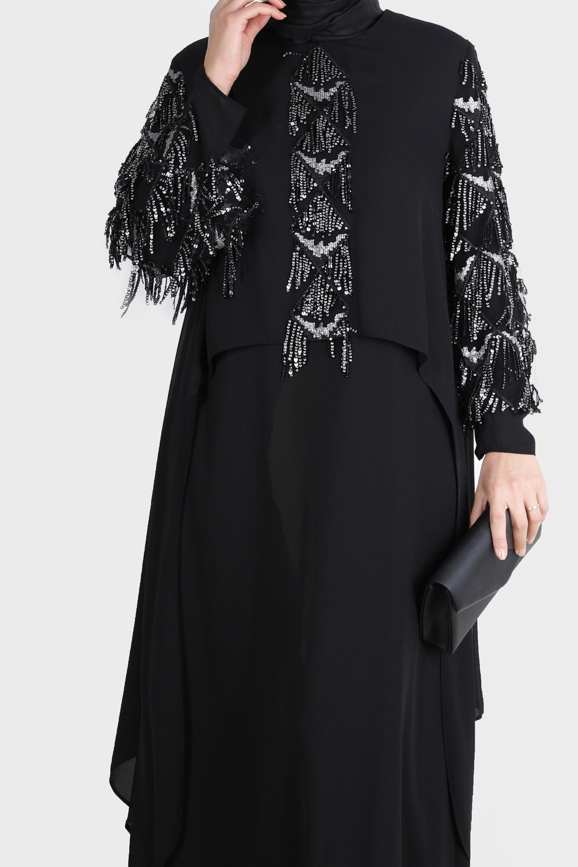 Tesettür giyim SİYAH BÜYÜK BEDEN PÜSKÜLLÜ ABİYE ELBİSE 5602