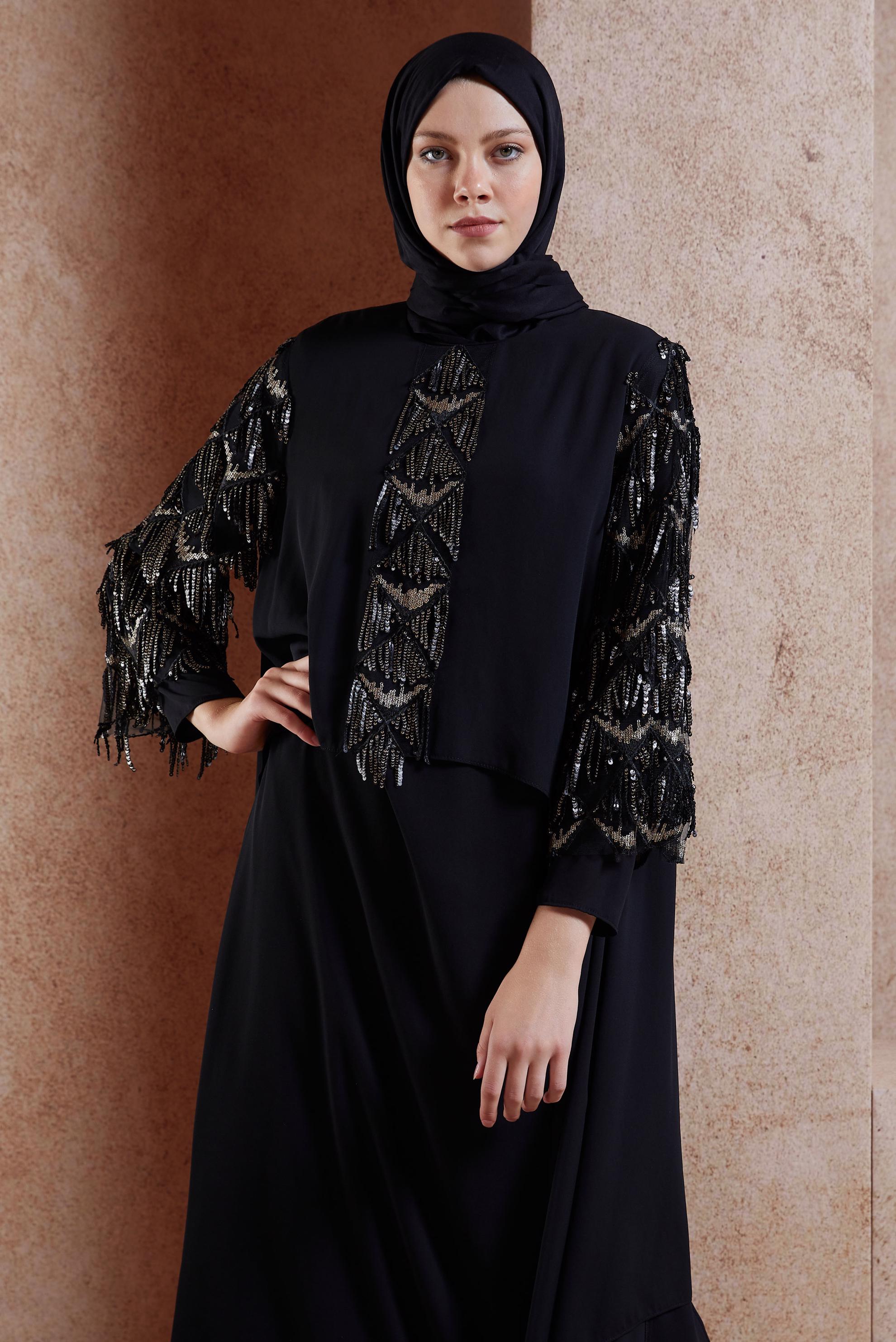 Tesettür giyim SİYAH BÜYÜK BEDEN PÜSKÜLLÜ ABİYE ELBİSE 5602