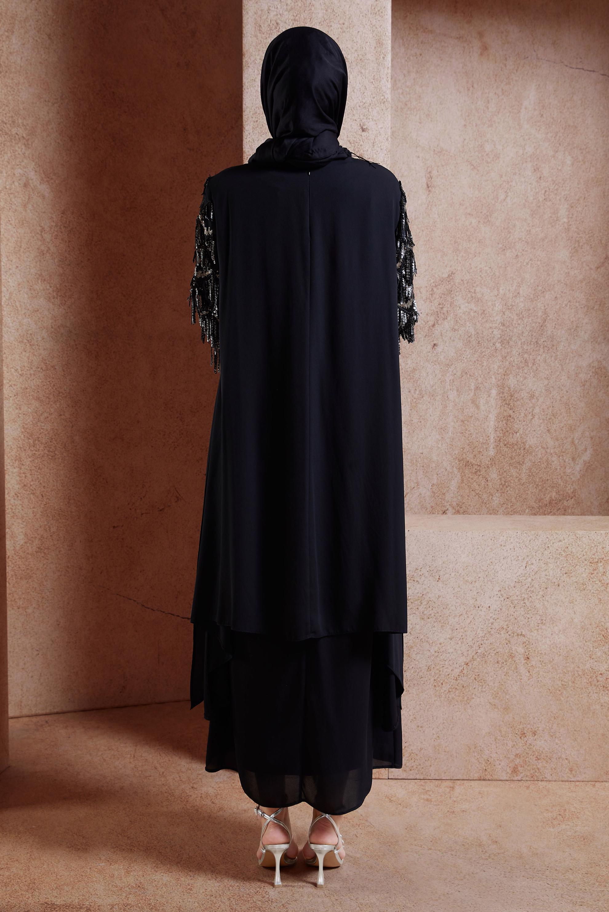 Tesettür giyim SİYAH BÜYÜK BEDEN PÜSKÜLLÜ ABİYE ELBİSE 5602