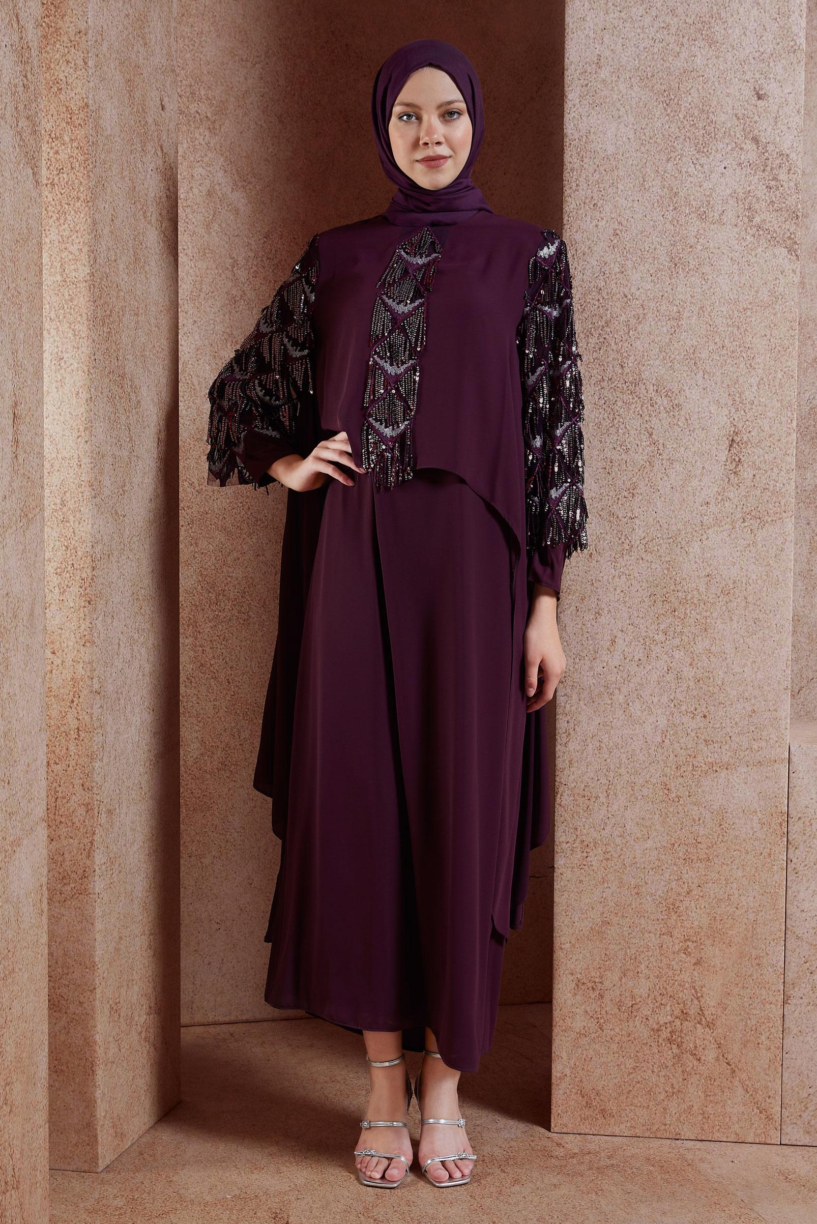 Tesettür giyim MÜRDÜM BÜYÜK BEDEN PÜSKÜLLÜ ABİYE ELBİSE 5602