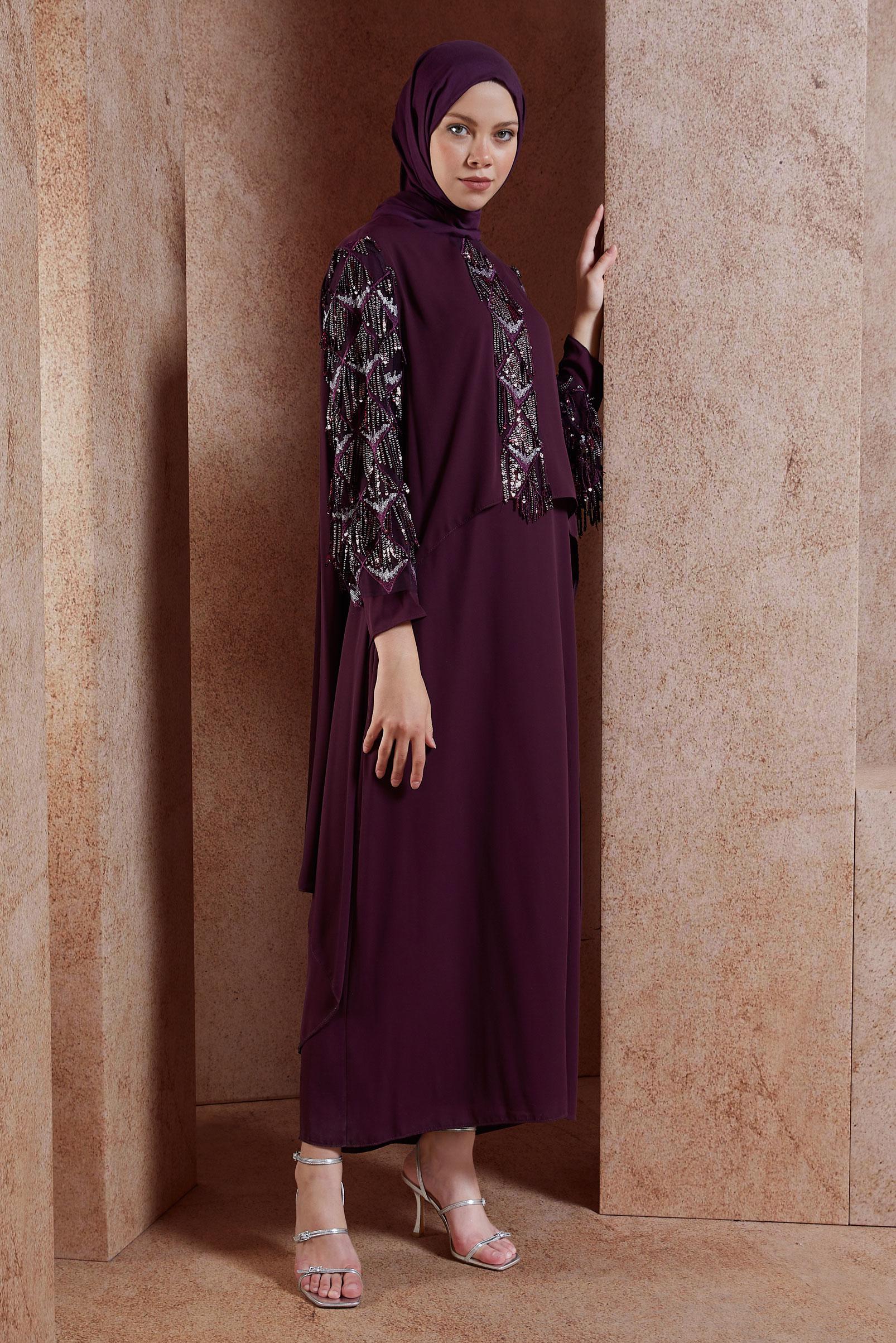 Tesettür giyim MÜRDÜM BÜYÜK BEDEN PÜSKÜLLÜ ABİYE ELBİSE 5602