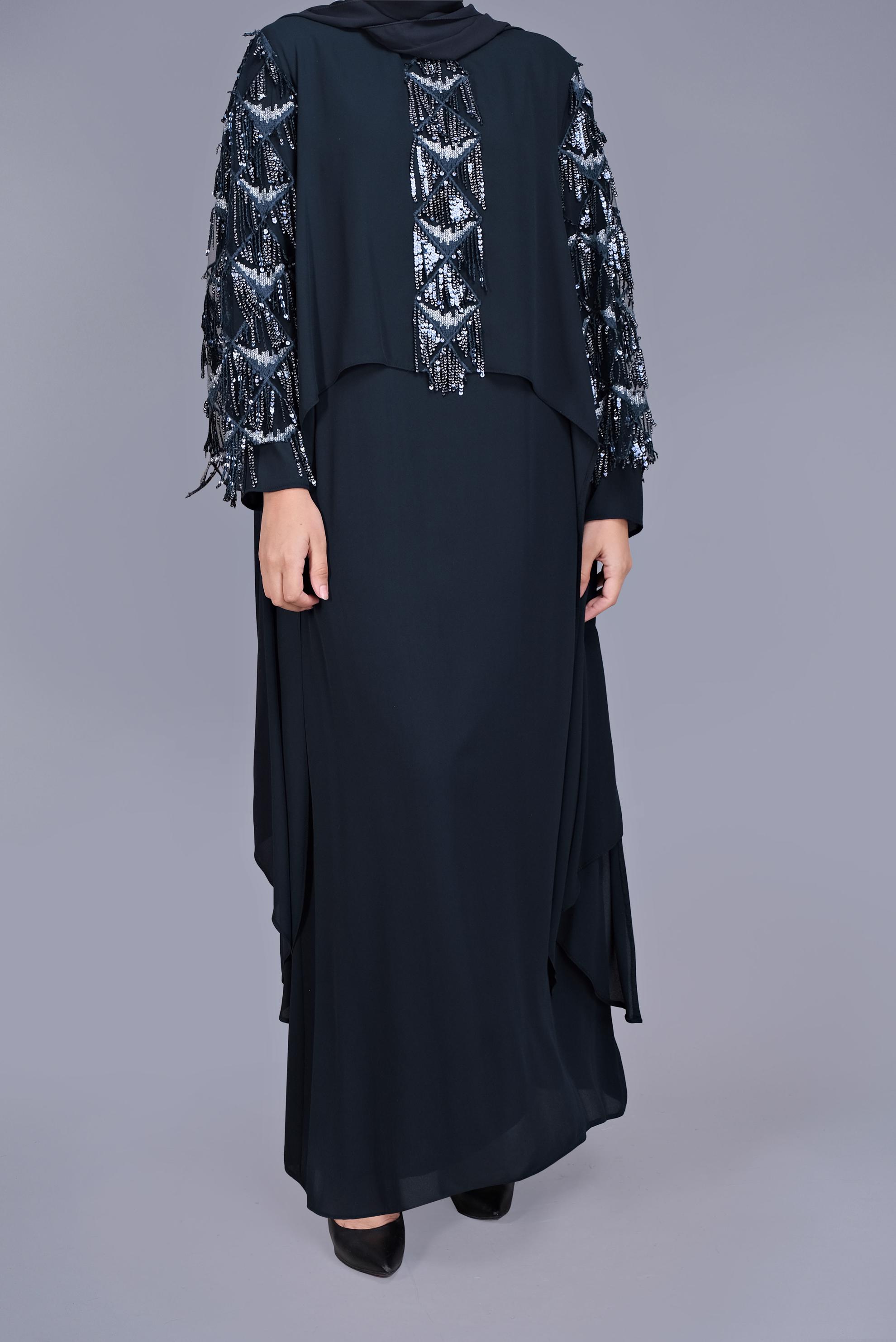 Hijab clothing NAVY BLUE PLUS SIZE FRINGED EVENING DRESS 5602