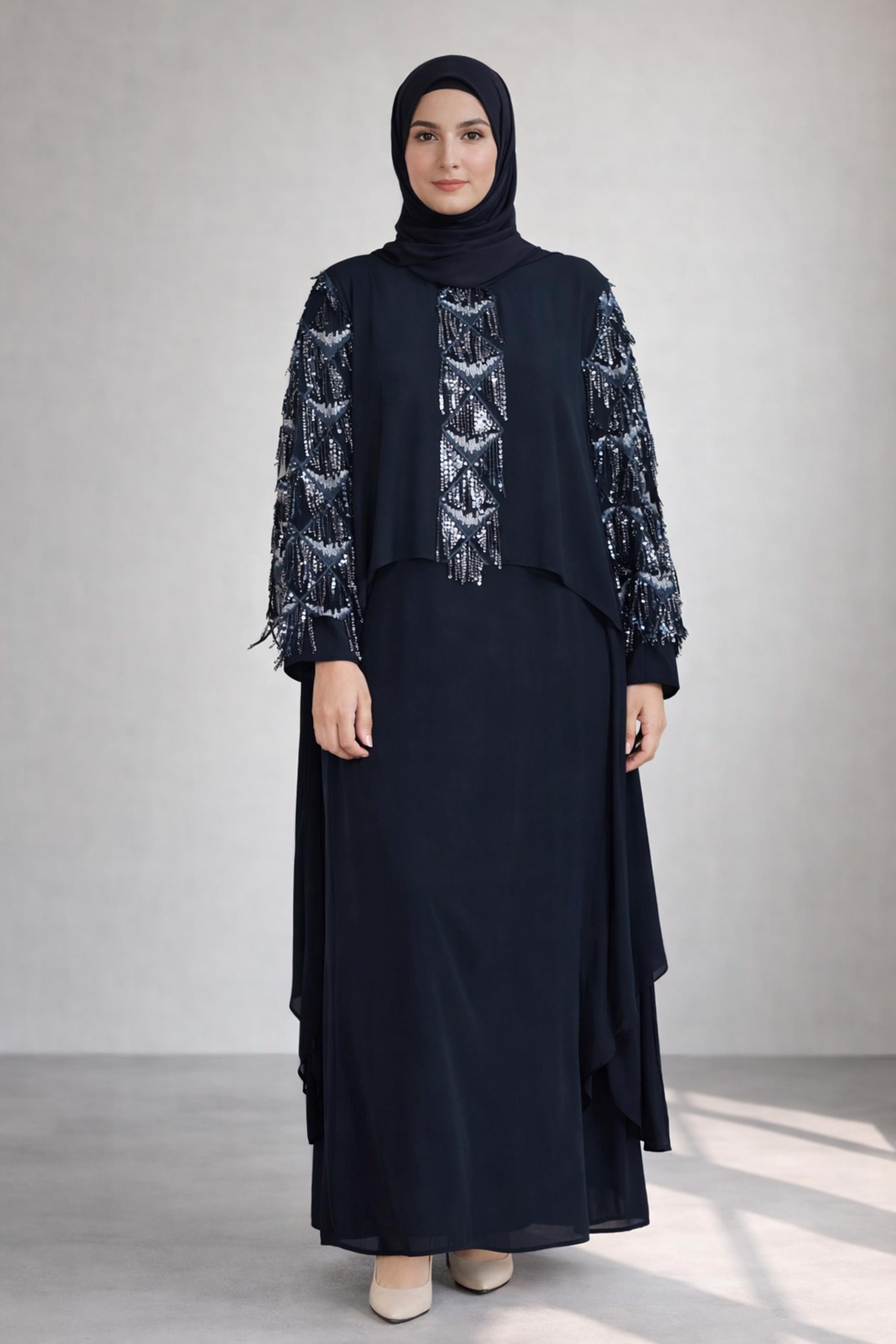 Hijab clothing NAVY BLUE PLUS SIZE FRINGED EVENING DRESS 5602