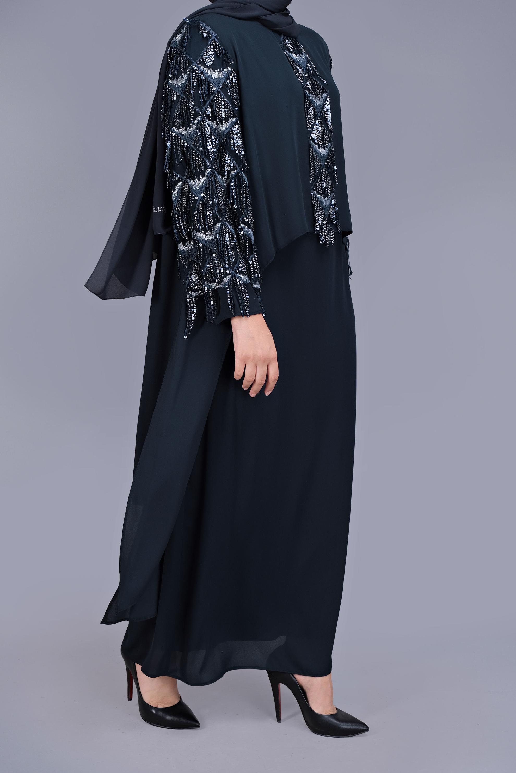 Hijab clothing NAVY BLUE PLUS SIZE FRINGED EVENING DRESS 5602