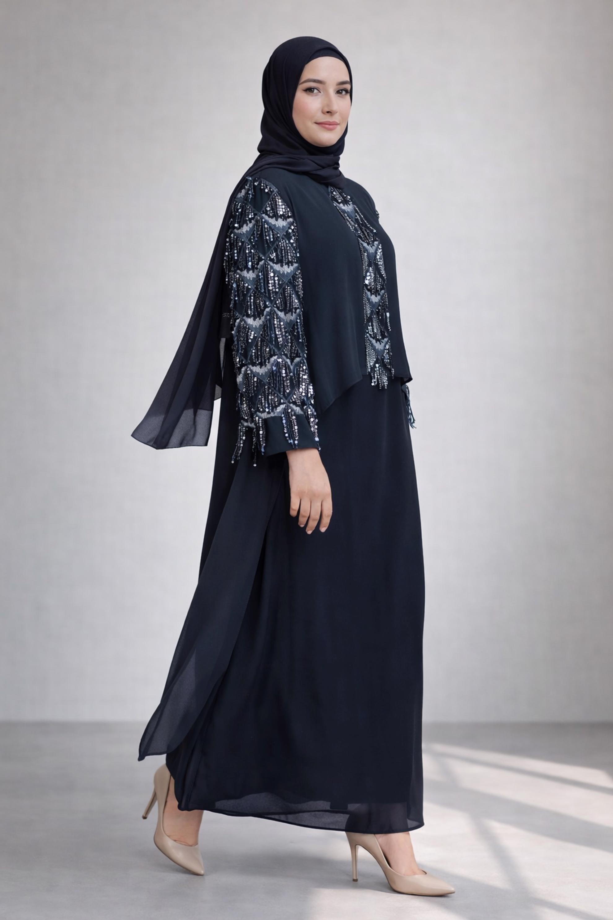 Hijab clothing NAVY BLUE PLUS SIZE FRINGED EVENING DRESS 5602
