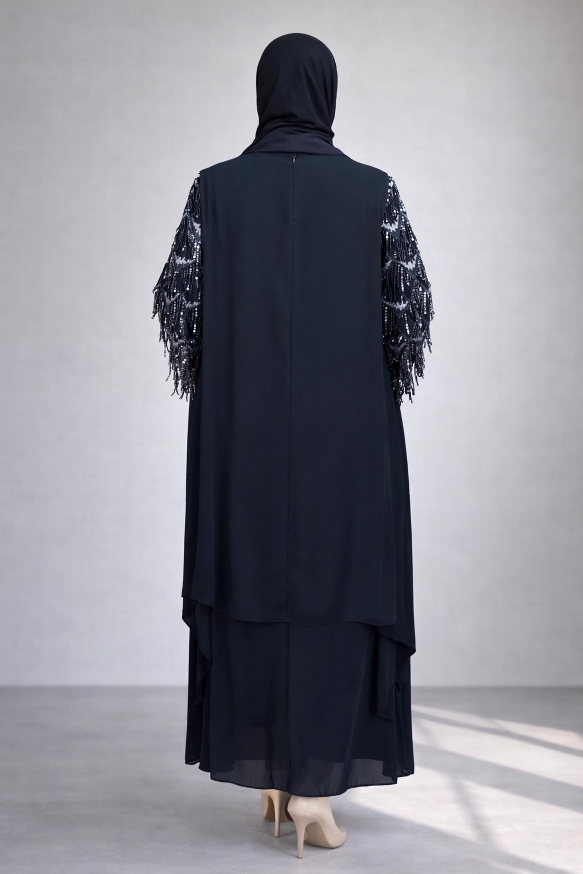 Hijab clothing NAVY BLUE PLUS SIZE FRINGED EVENING DRESS 5602