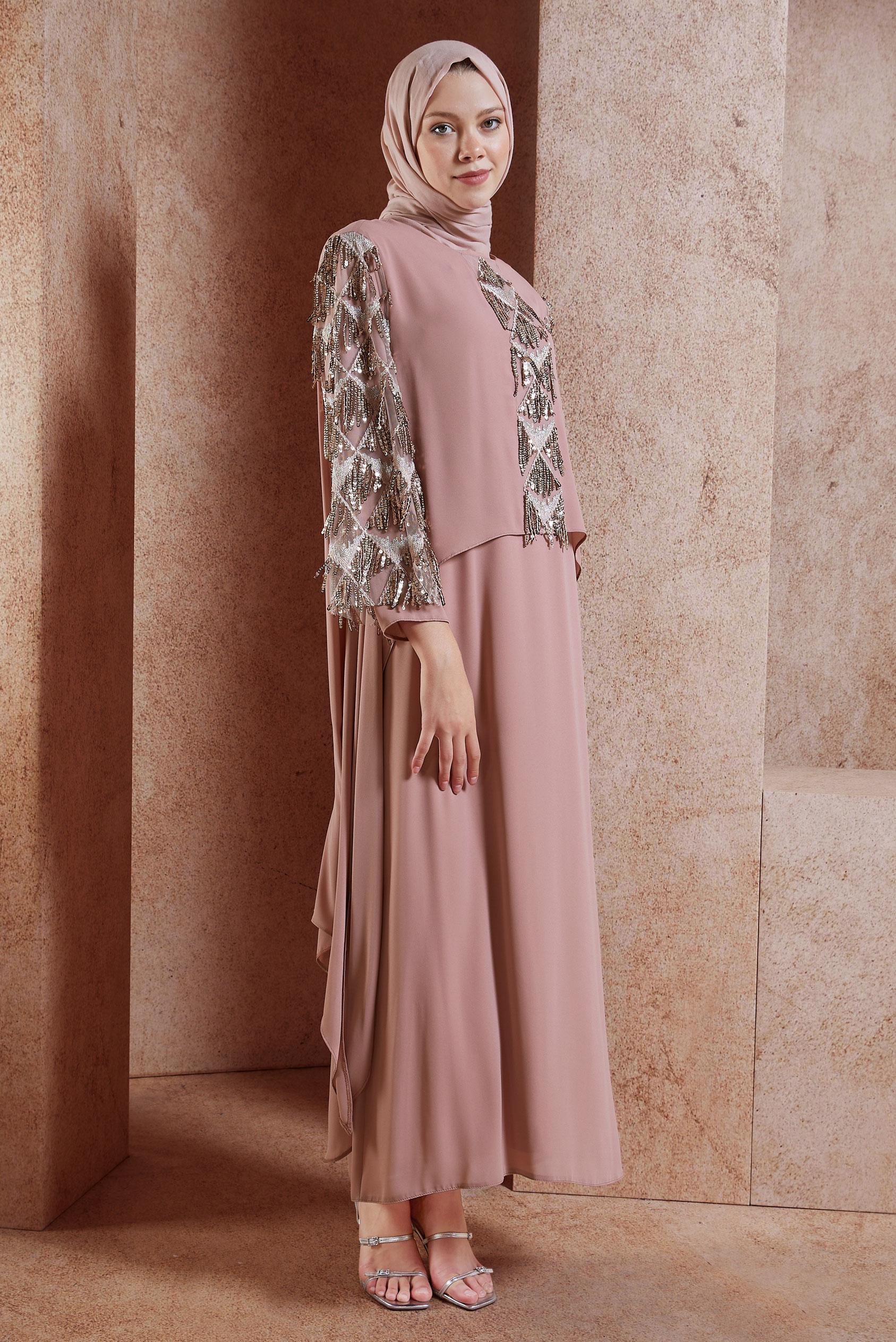 Tesettür giyim PEMBE BÜYÜK BEDEN PÜSKÜLLÜ ABİYE ELBİSE 5602