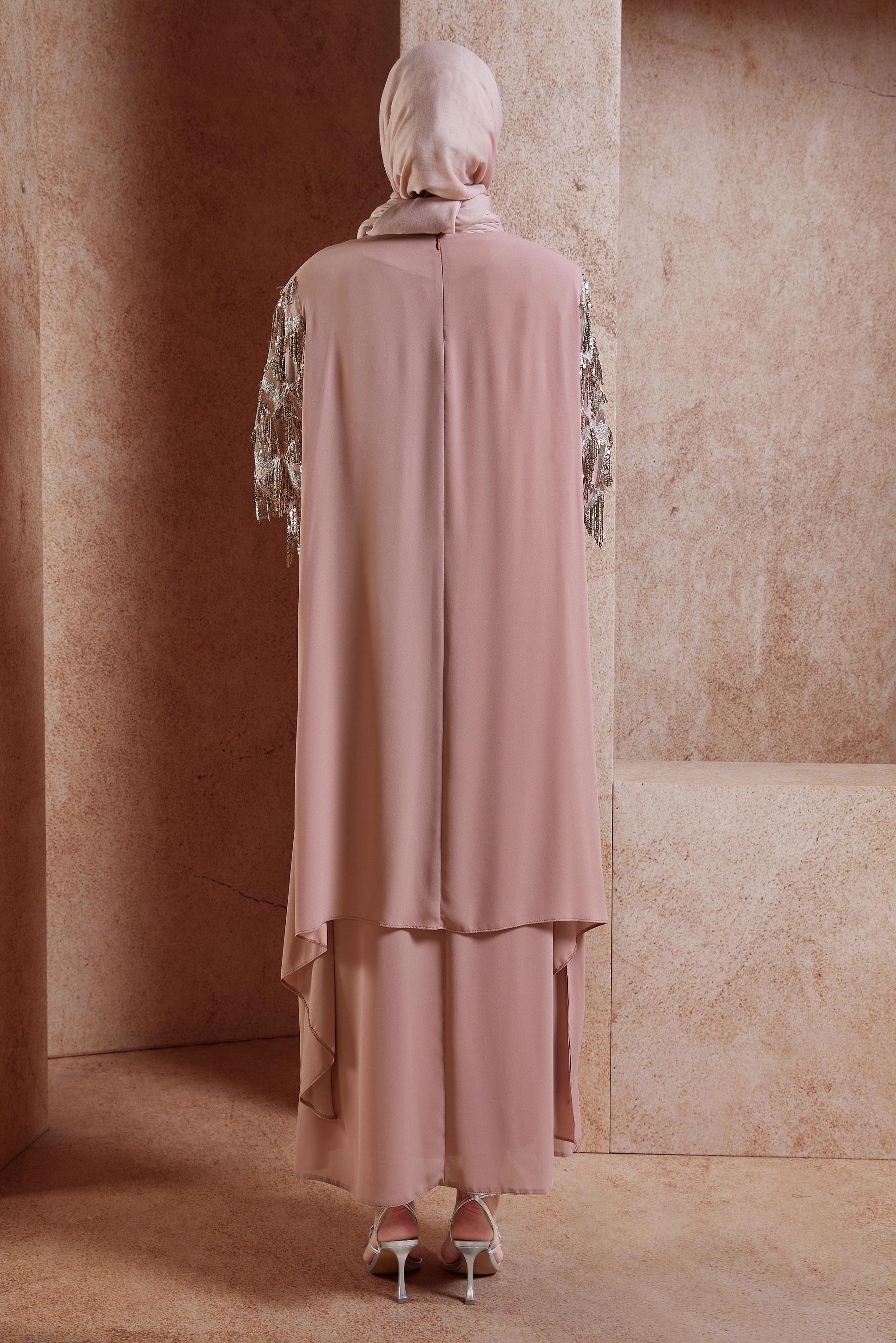 Tesettür giyim PEMBE BÜYÜK BEDEN PÜSKÜLLÜ ABİYE ELBİSE 5602