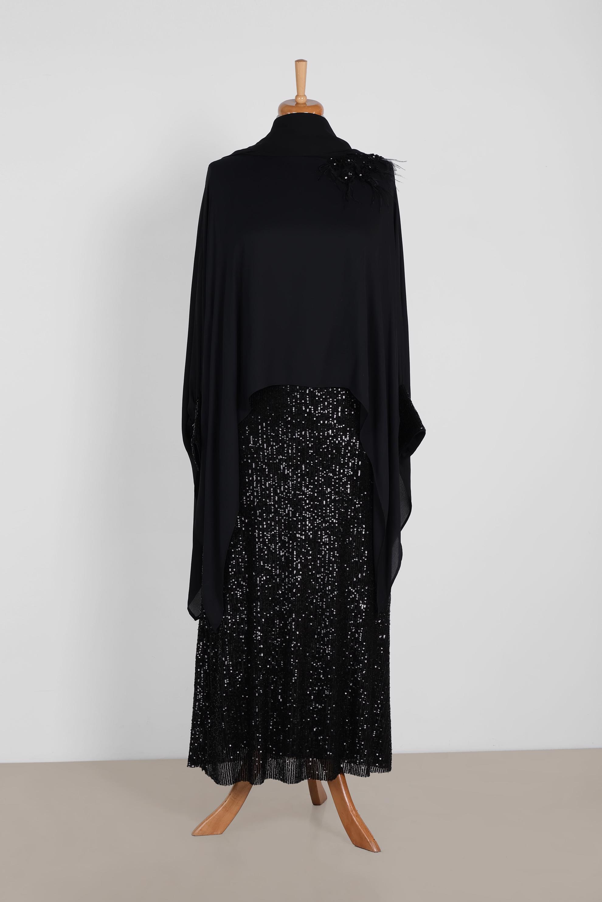 Tesettür giyim SİYAH PUL PAYET DETAYLI İKİLİ ELBİSELİ ABİYE 5603