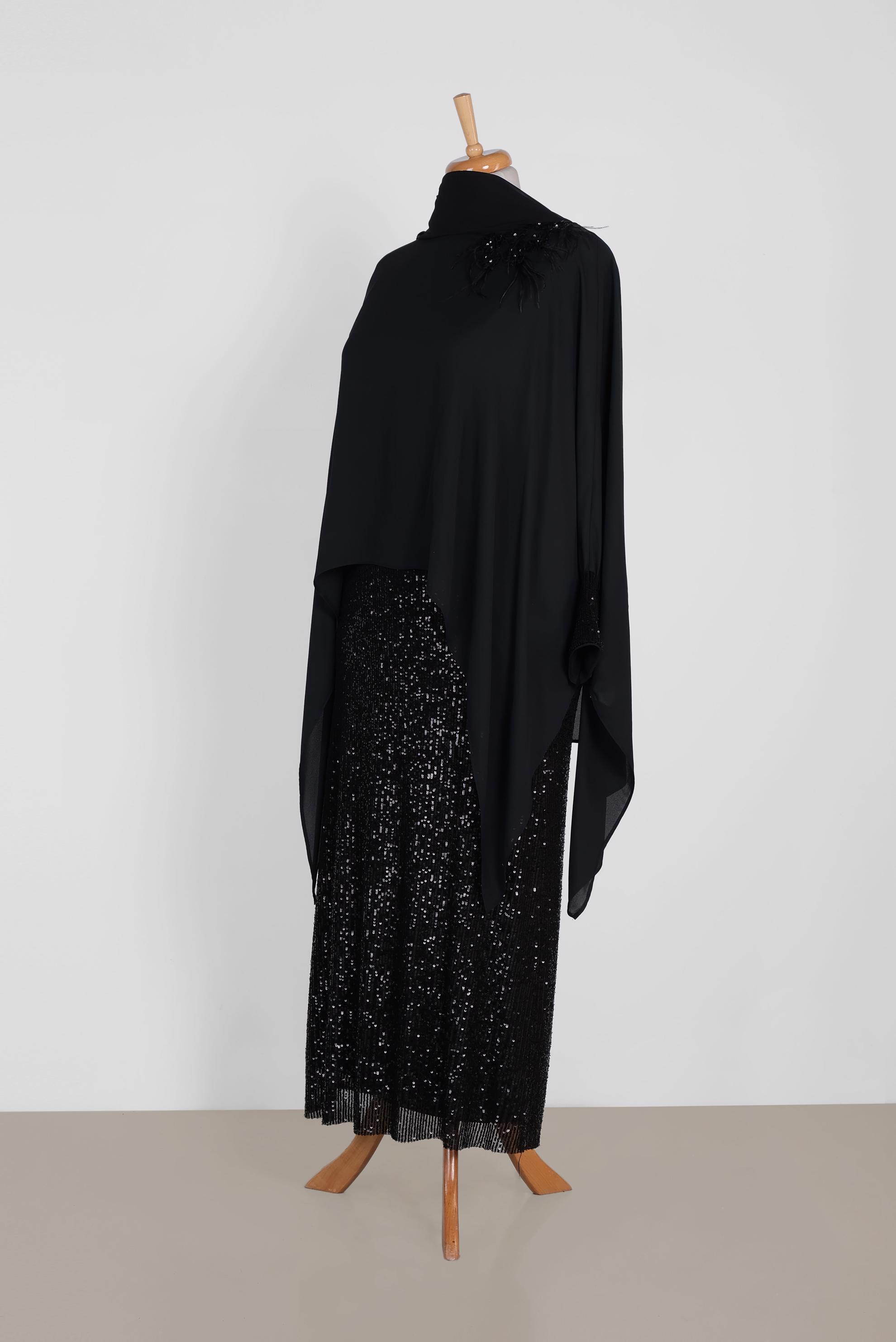 Tesettür giyim SİYAH PUL PAYET DETAYLI İKİLİ ELBİSELİ ABİYE 5603