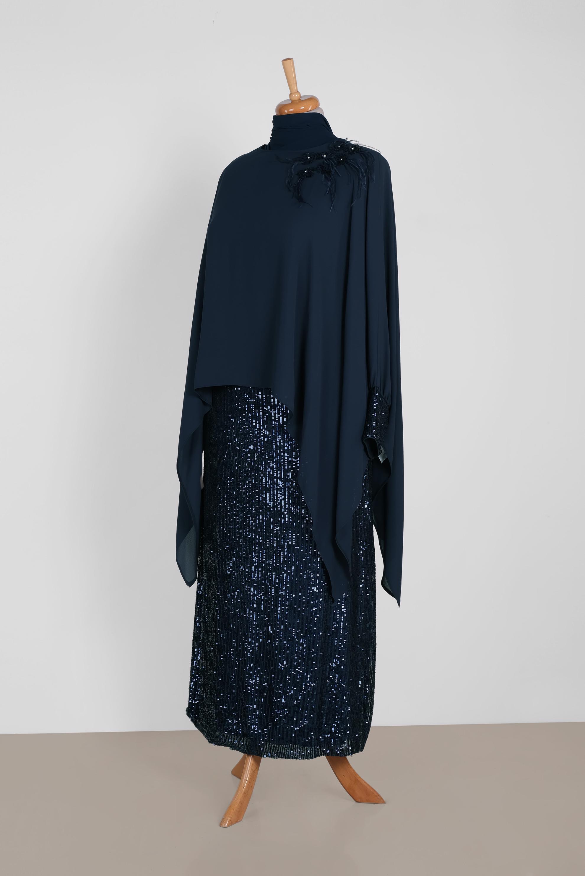 Tesettür giyim LACİVERT PUL PAYET DETAYLI 2&prime;Lİ ELBİSELİ ABİYE 5603 