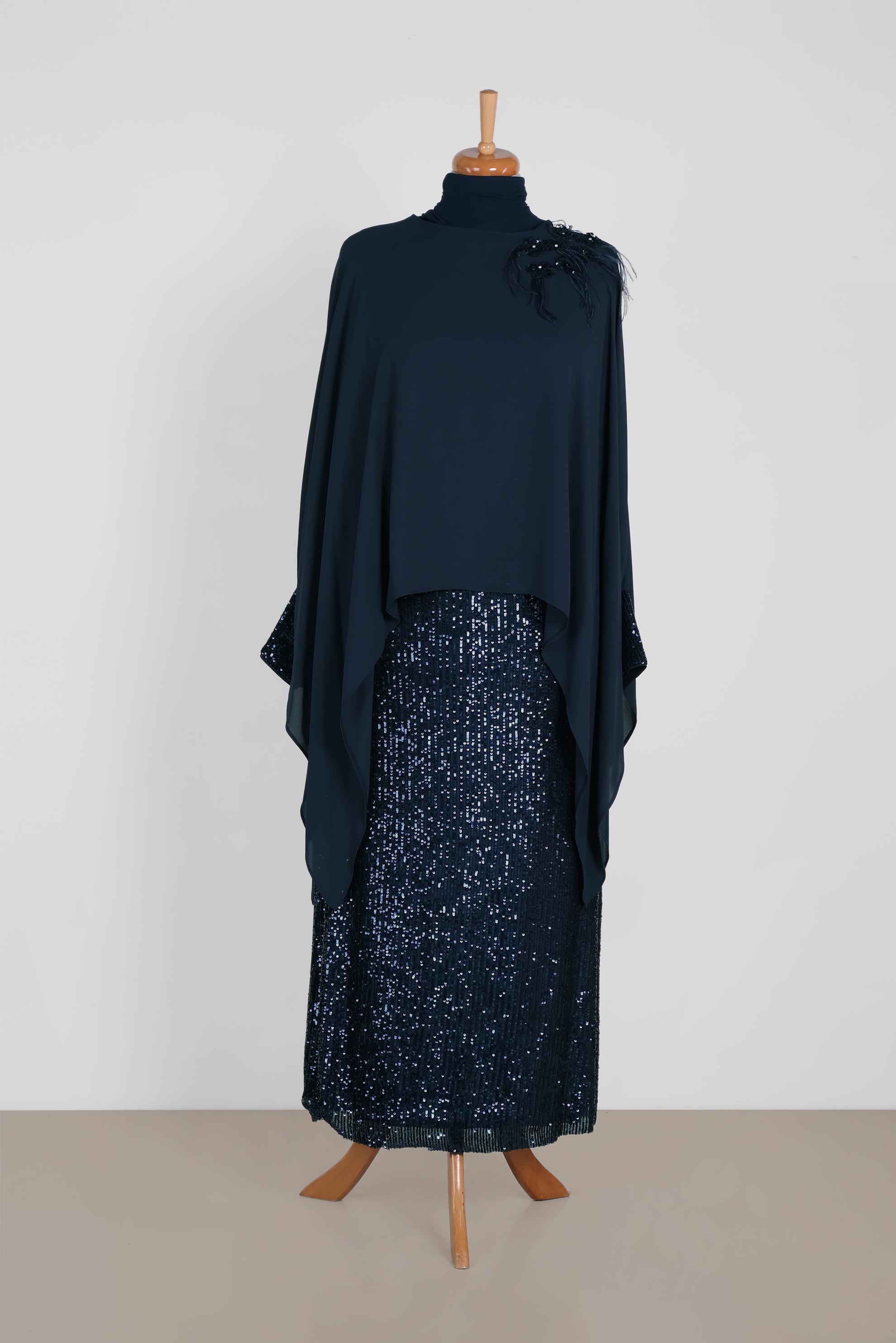 Tesettür giyim LACİVERT PUL PAYET DETAYLI 2&prime;Lİ ELBİSELİ ABİYE 5603 