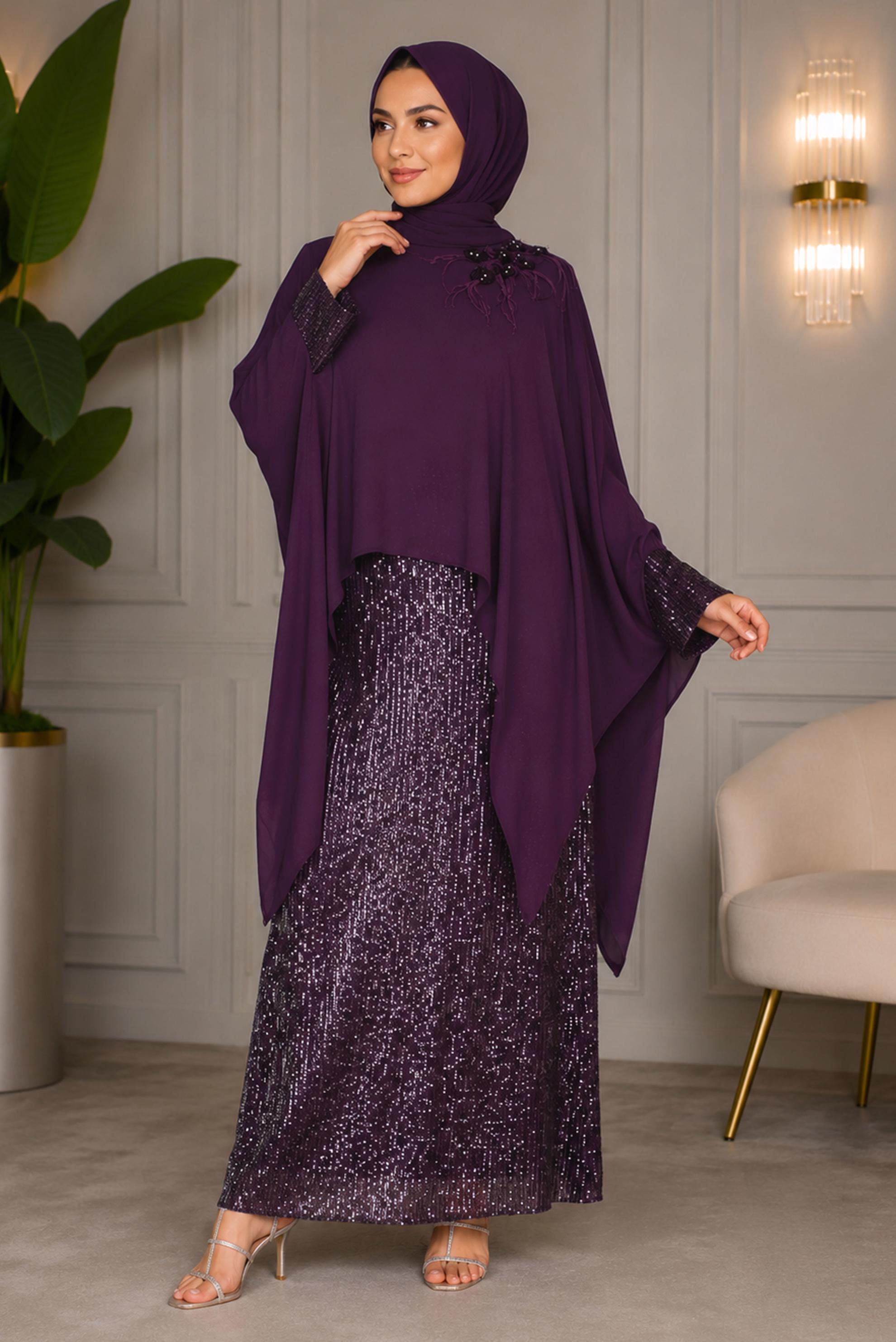 Tesettür giyim MÜRDÜM PUL PAYET DETAYLI İKİLİ ELBİSELİ ABİYE 5603