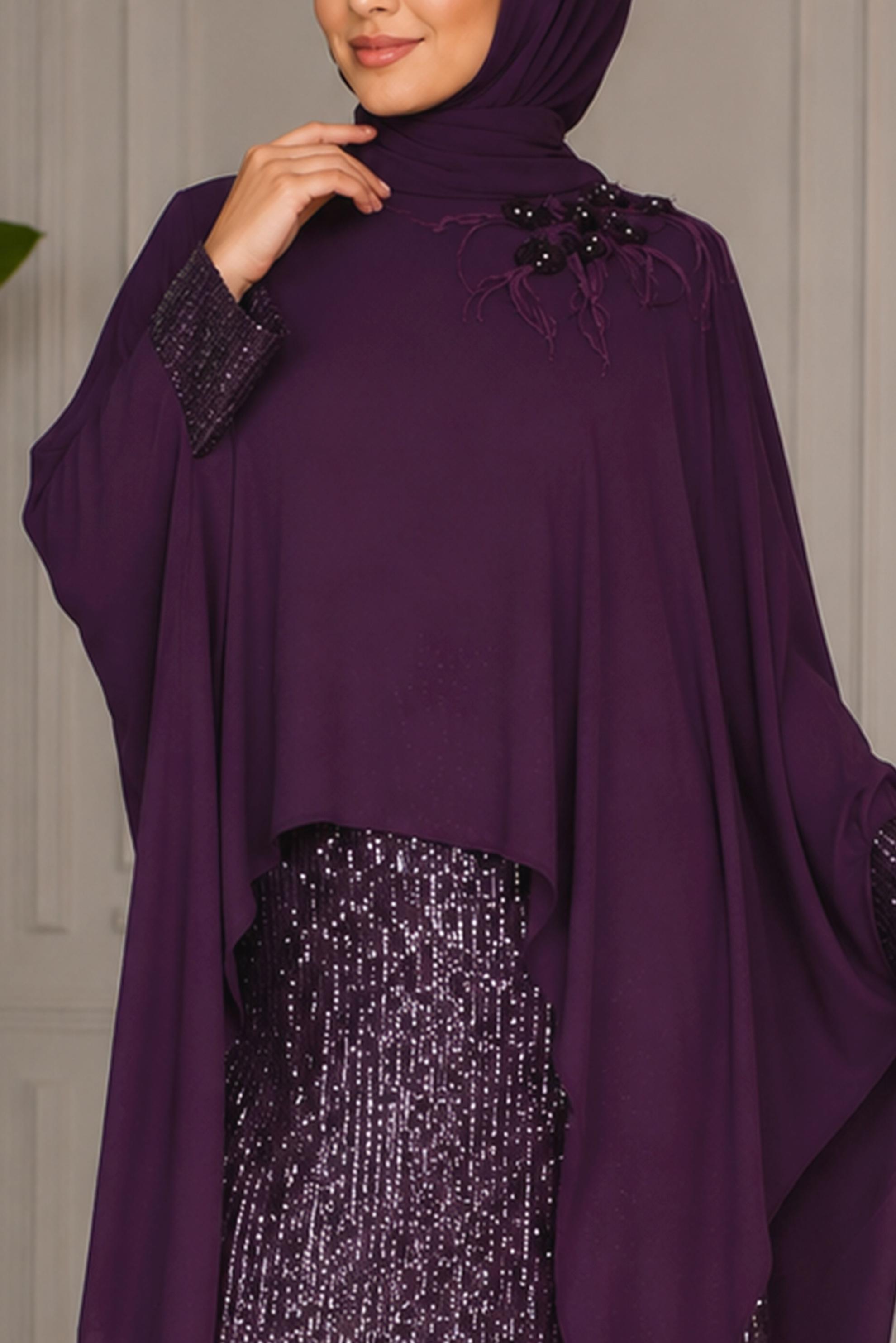 Tesettür giyim MÜRDÜM PUL PAYET DETAYLI İKİLİ ELBİSELİ ABİYE 5603