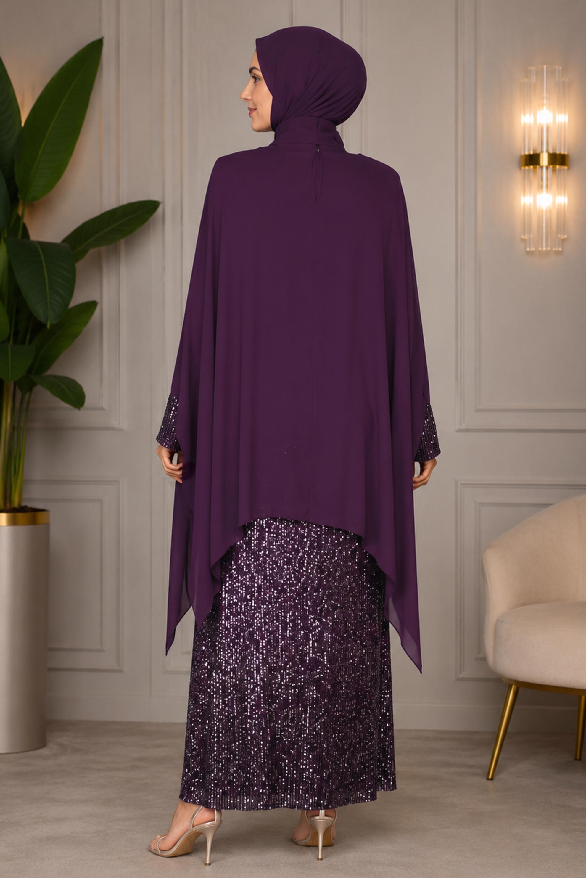 Tesettür giyim MÜRDÜM PUL PAYET DETAYLI İKİLİ ELBİSELİ ABİYE 5603