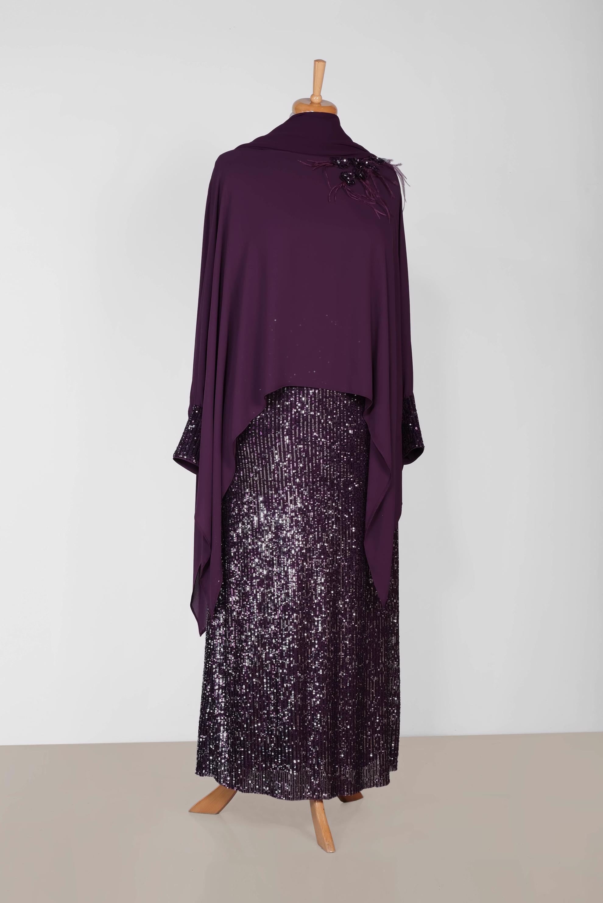 Tesettür giyim MÜRDÜM PUL PAYET DETAYLI 2′Lİ ELBİSELİ ABİYE 5603 