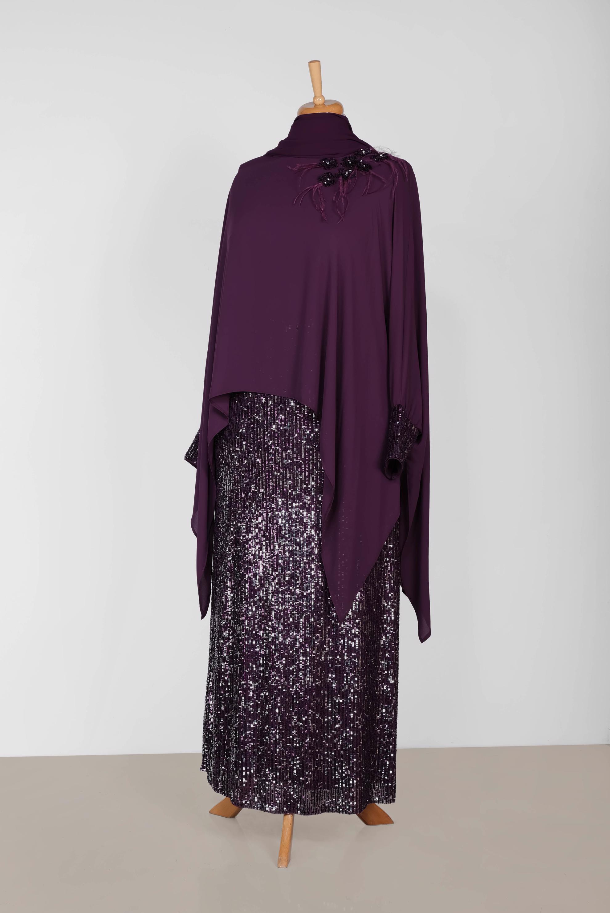 Tesettür giyim MÜRDÜM PUL PAYET DETAYLI 2′Lİ ELBİSELİ ABİYE 5603 