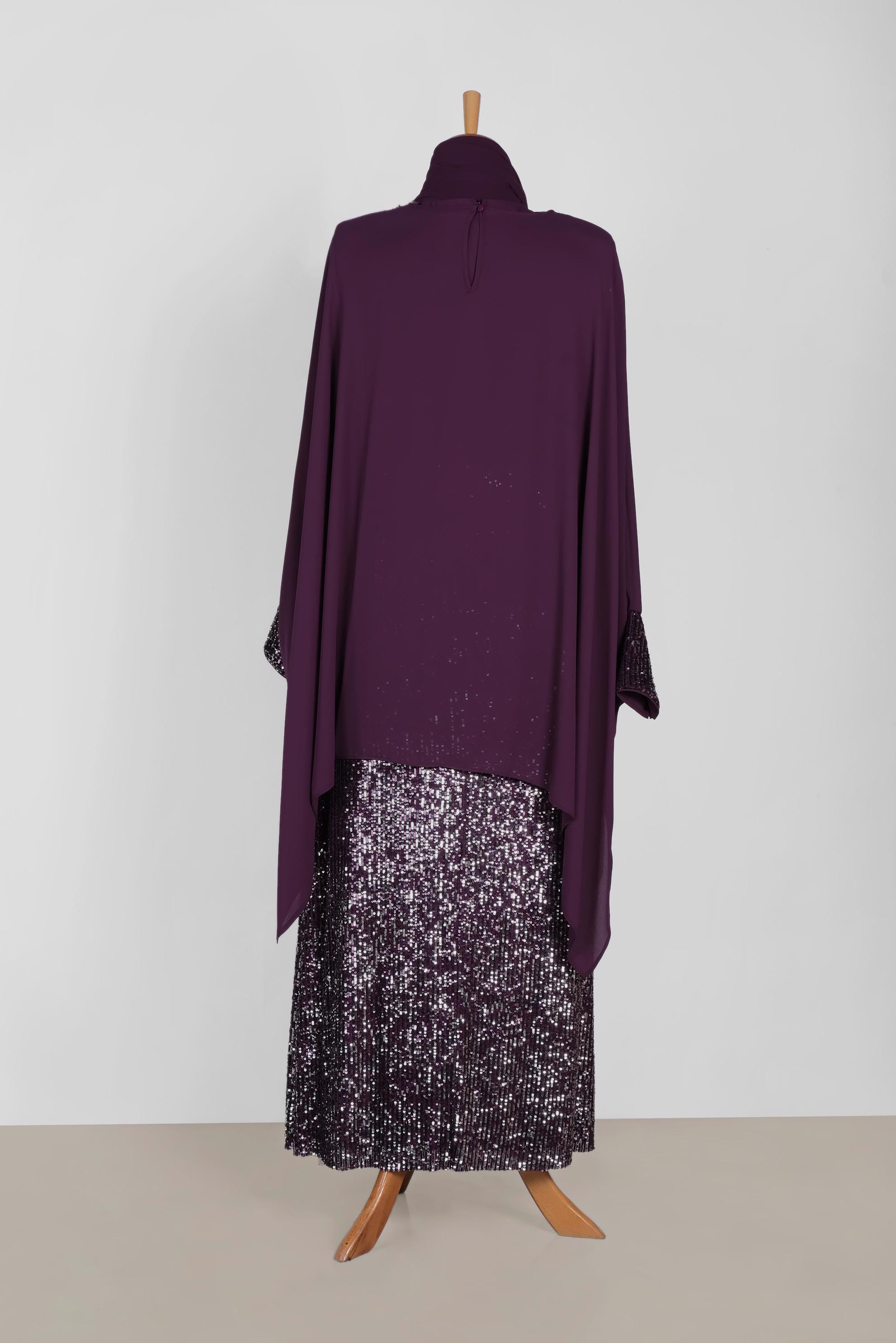 Tesettür giyim MÜRDÜM PUL PAYET DETAYLI 2′Lİ ELBİSELİ ABİYE 5603 