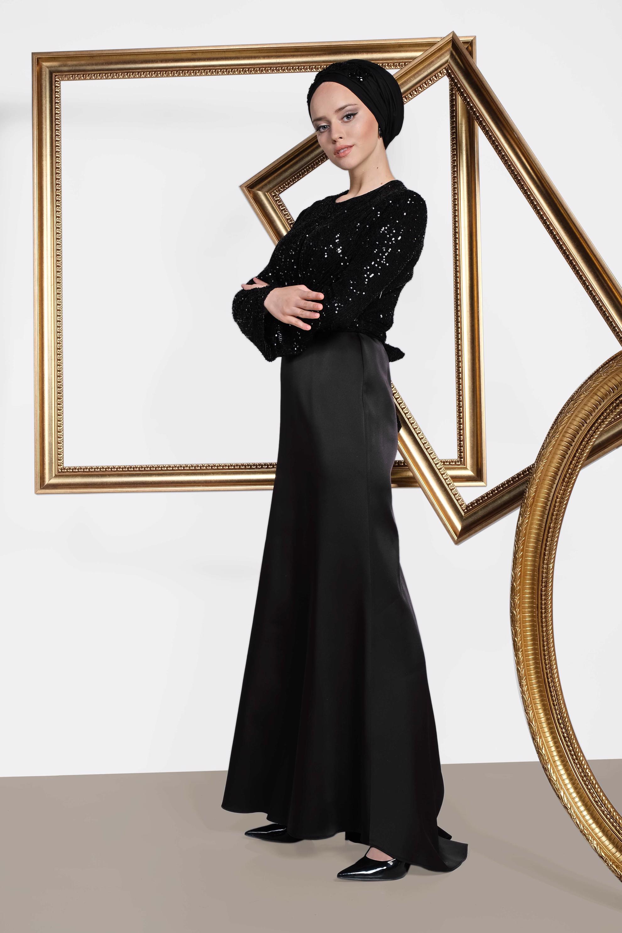 Tesettür giyim SİYAH BELDEN BAĞLAMALI PUL PAYET ABİYE ELBİSE 5605