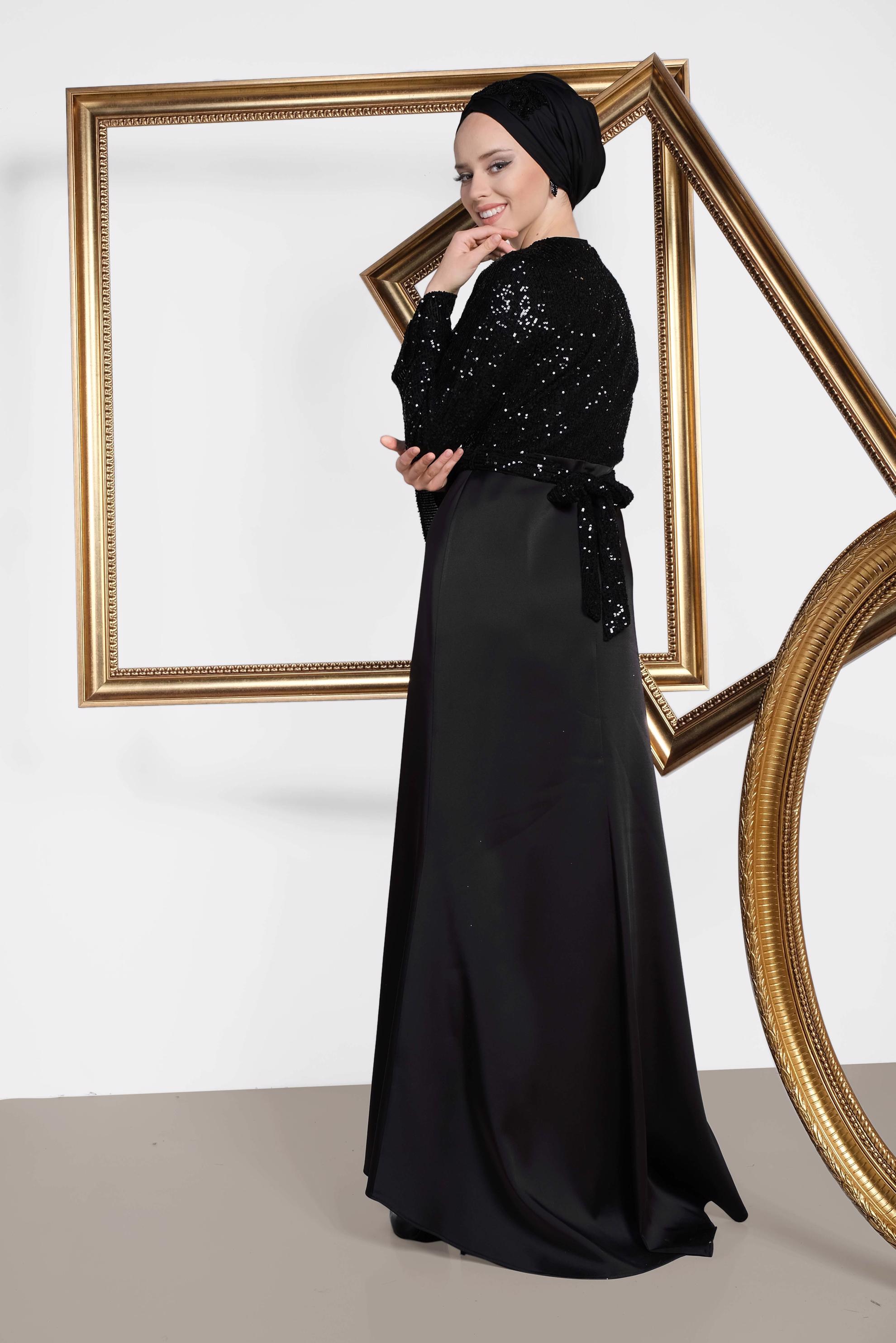 Tesettür giyim SİYAH BELDEN BAĞLAMALI PUL PAYET ABİYE ELBİSE 5605