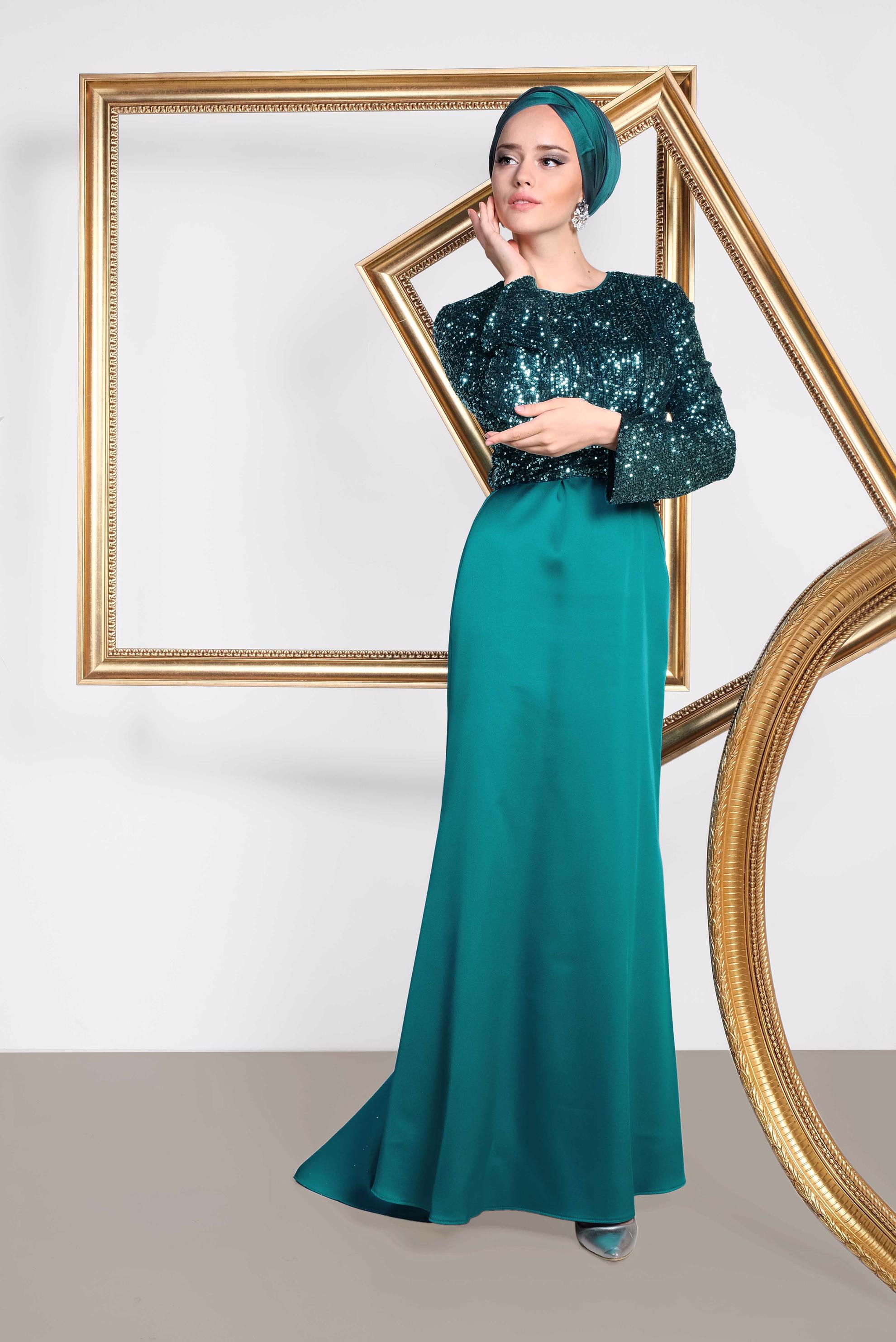 Tesettür giyim MAVİ BELDEN BAĞLAMALI PUL PAYET ABİYE ELBİSE 5605