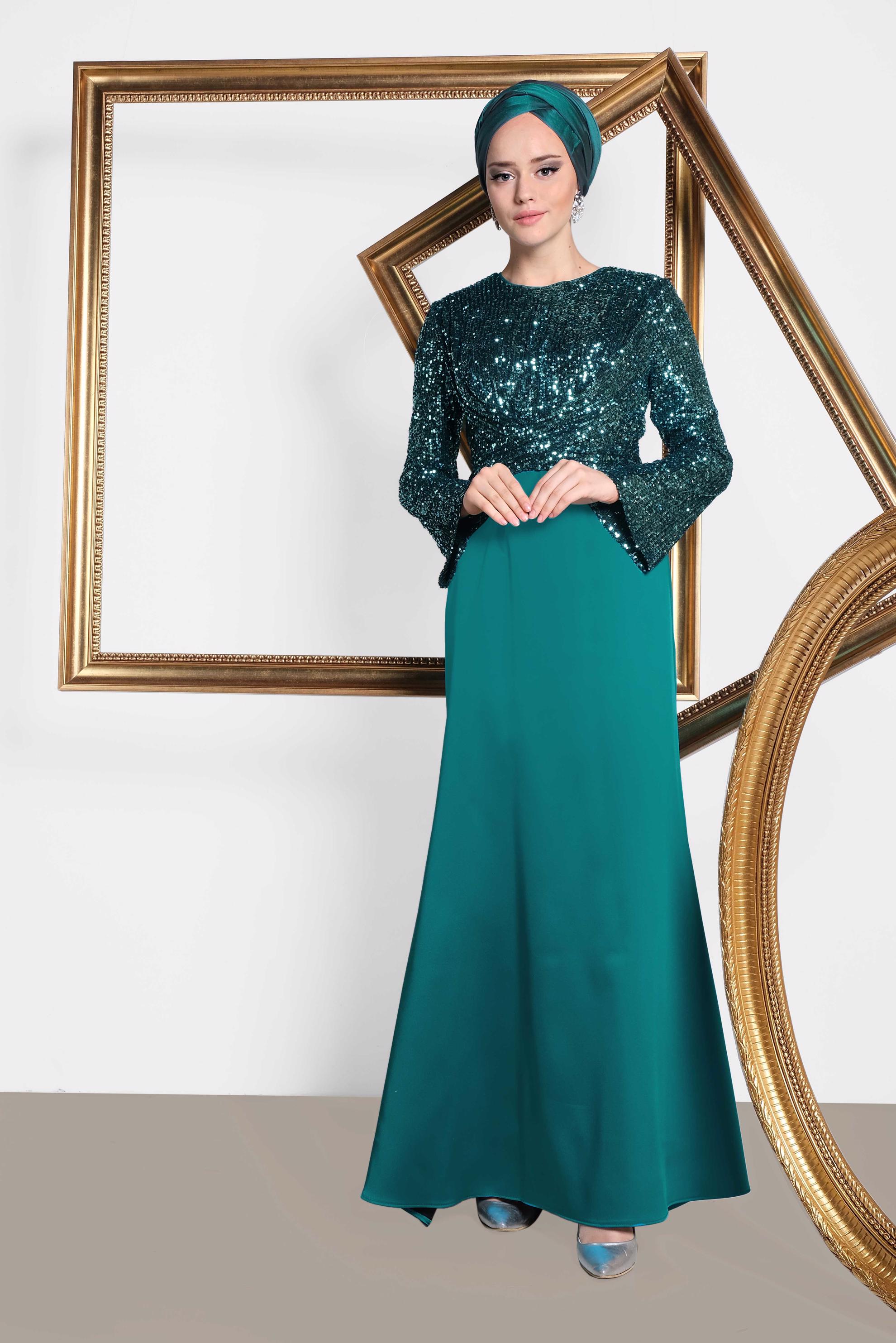 Tesettür giyim MAVİ BELDEN BAĞLAMALI PUL PAYET ABİYE ELBİSE 5605