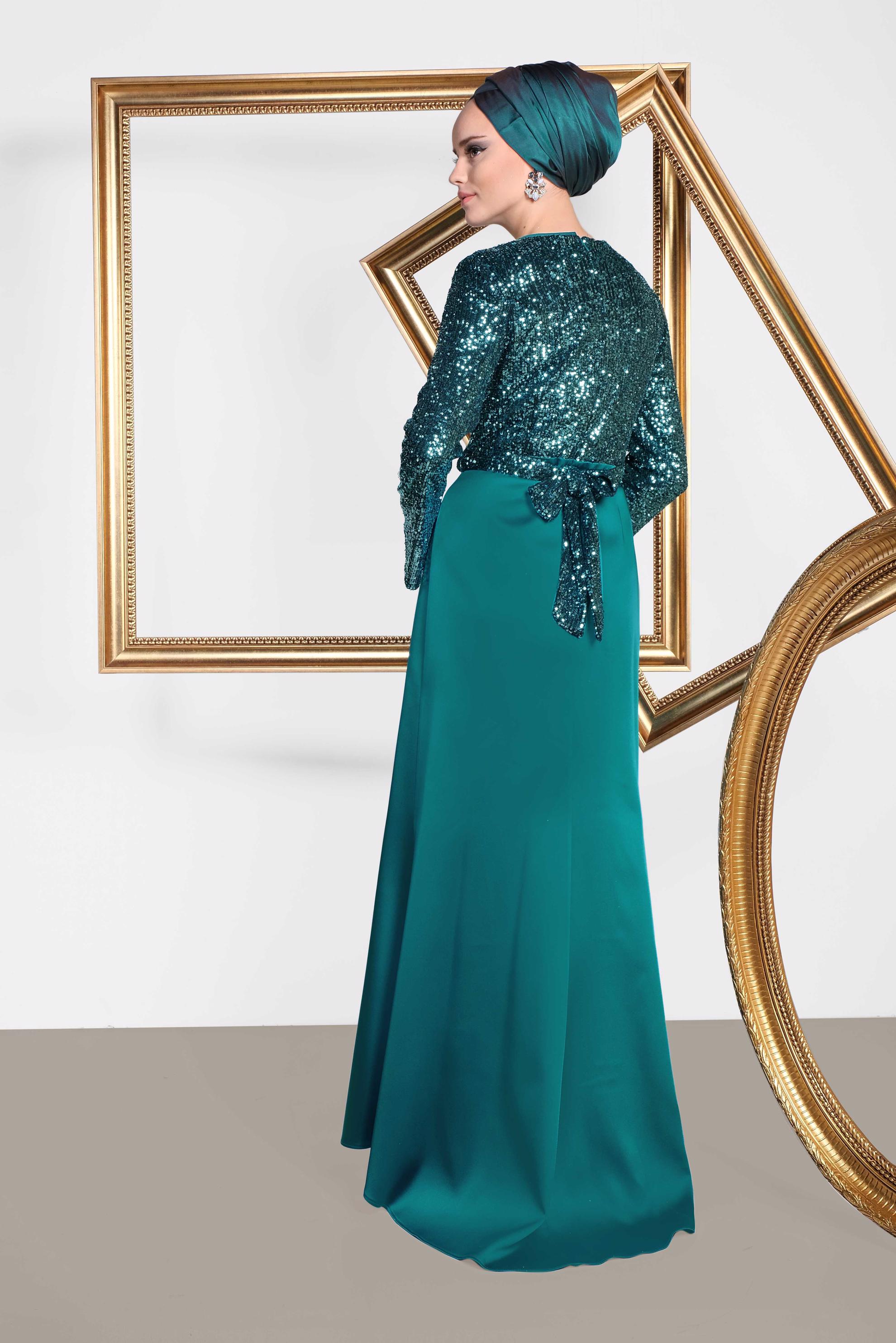 Tesettür giyim MAVİ BELDEN BAĞLAMALI PUL PAYET ABİYE ELBİSE 5605