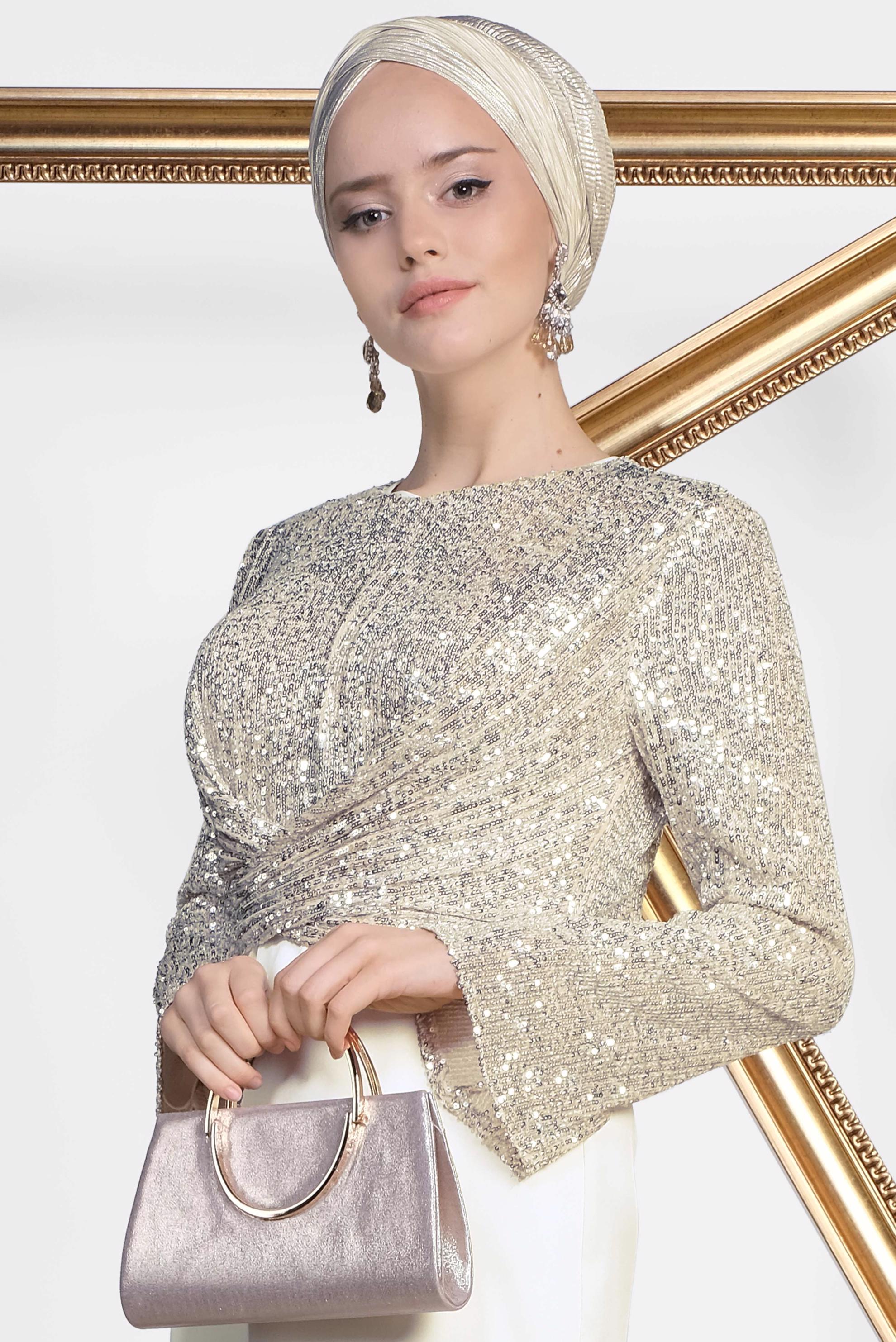 Tesettür giyim EKRU BELDEN BAĞLAMALI PUL PAYET ABİYE ELBİSE 5605