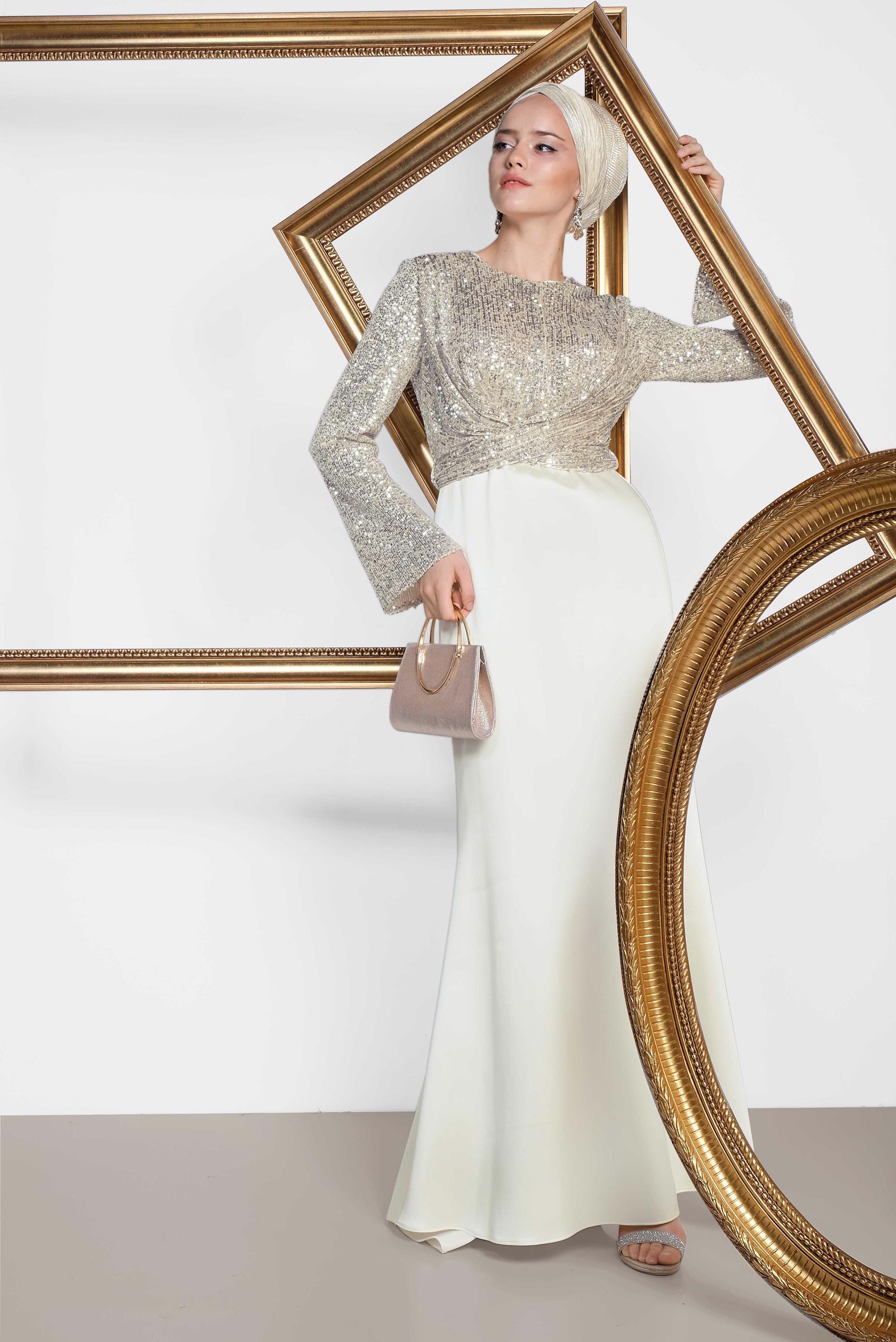 Tesettür giyim EKRU BELDEN BAĞLAMALI PUL PAYET ABİYE ELBİSE 5605