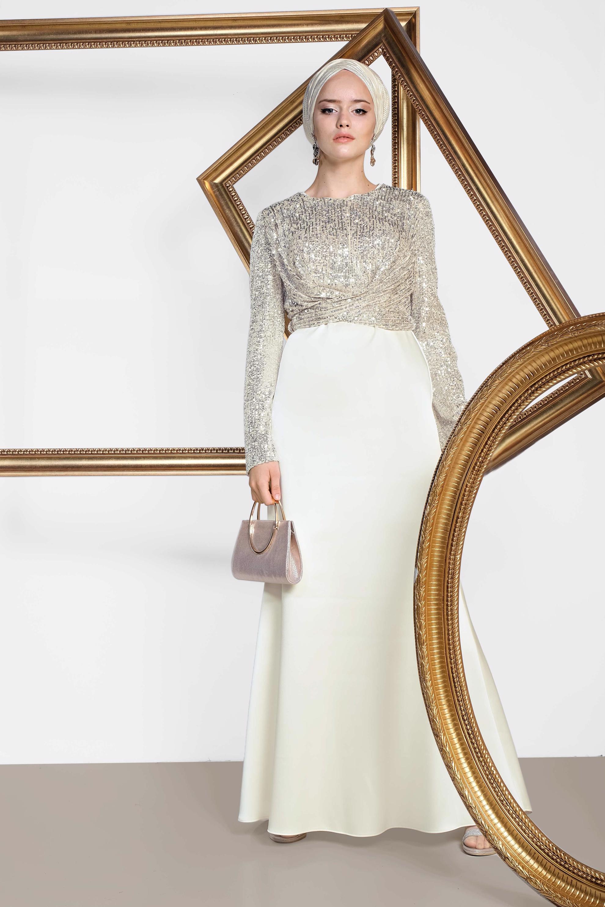 Tesettür giyim EKRU BELDEN BAĞLAMALI PUL PAYET ABİYE ELBİSE 5605