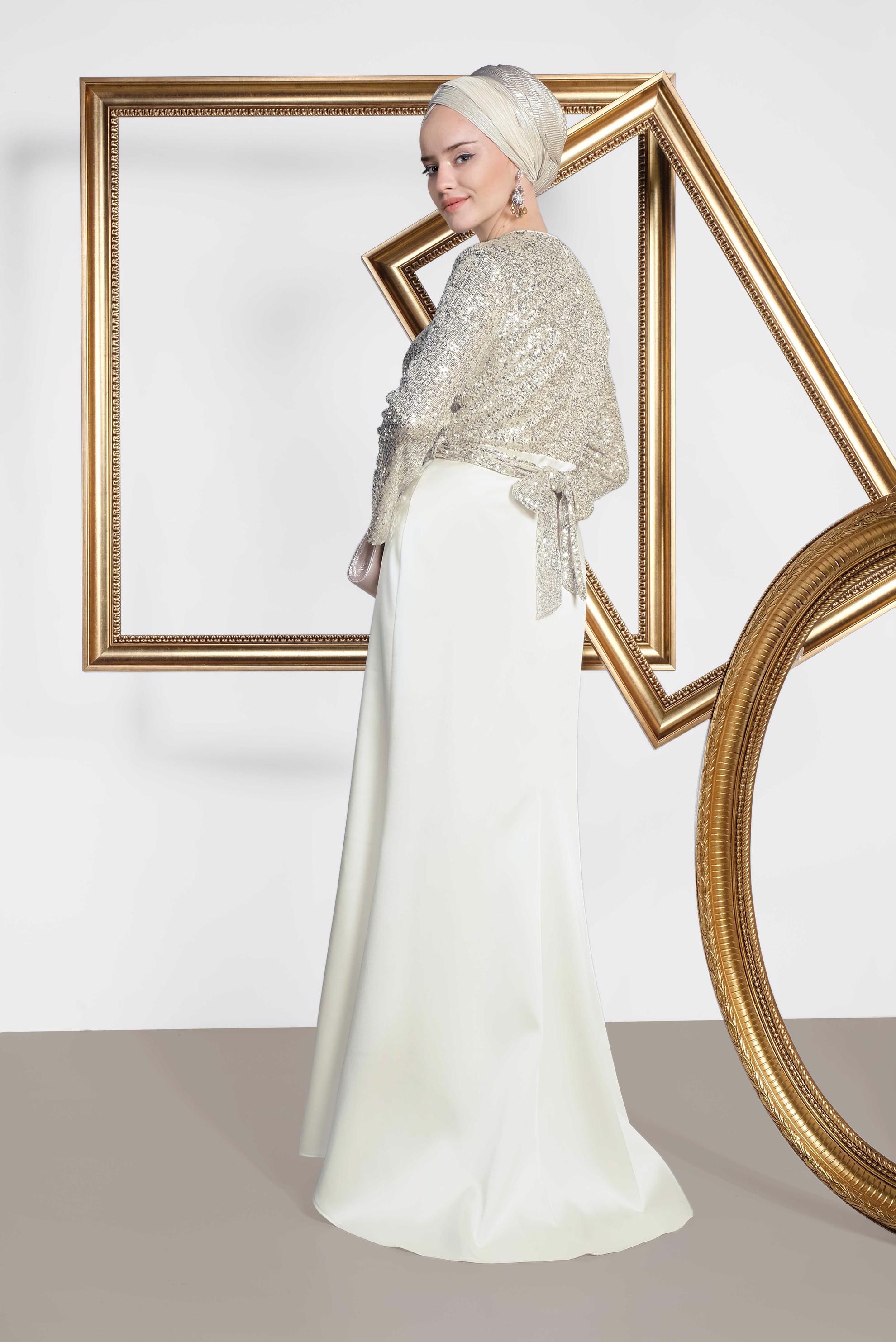 Tesettür giyim EKRU BELDEN BAĞLAMALI PUL PAYET ABİYE ELBİSE 5605