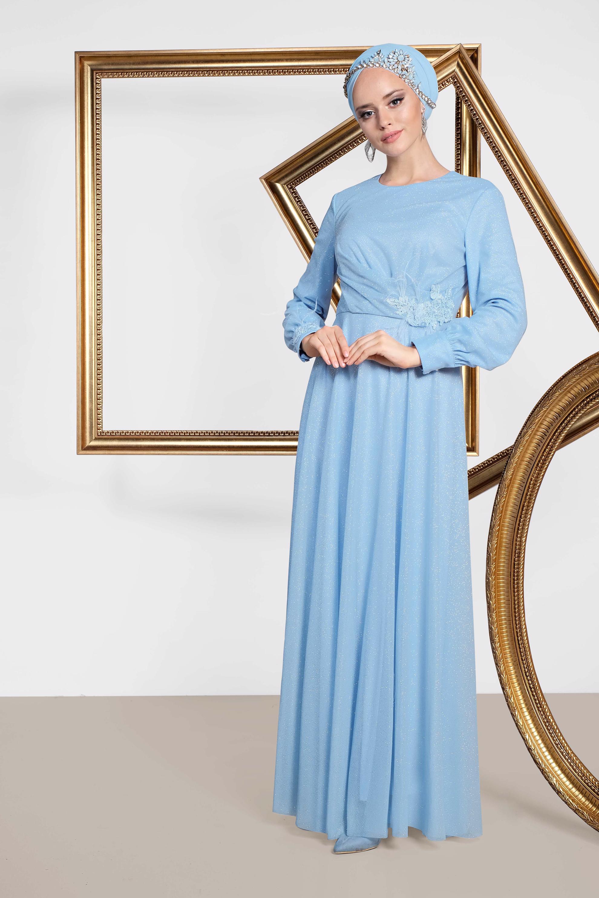 Tesettür giyim MAVİ GÜPÜR VE TÜY DETAYLI SİM KUMAŞ ABİYE 5608 