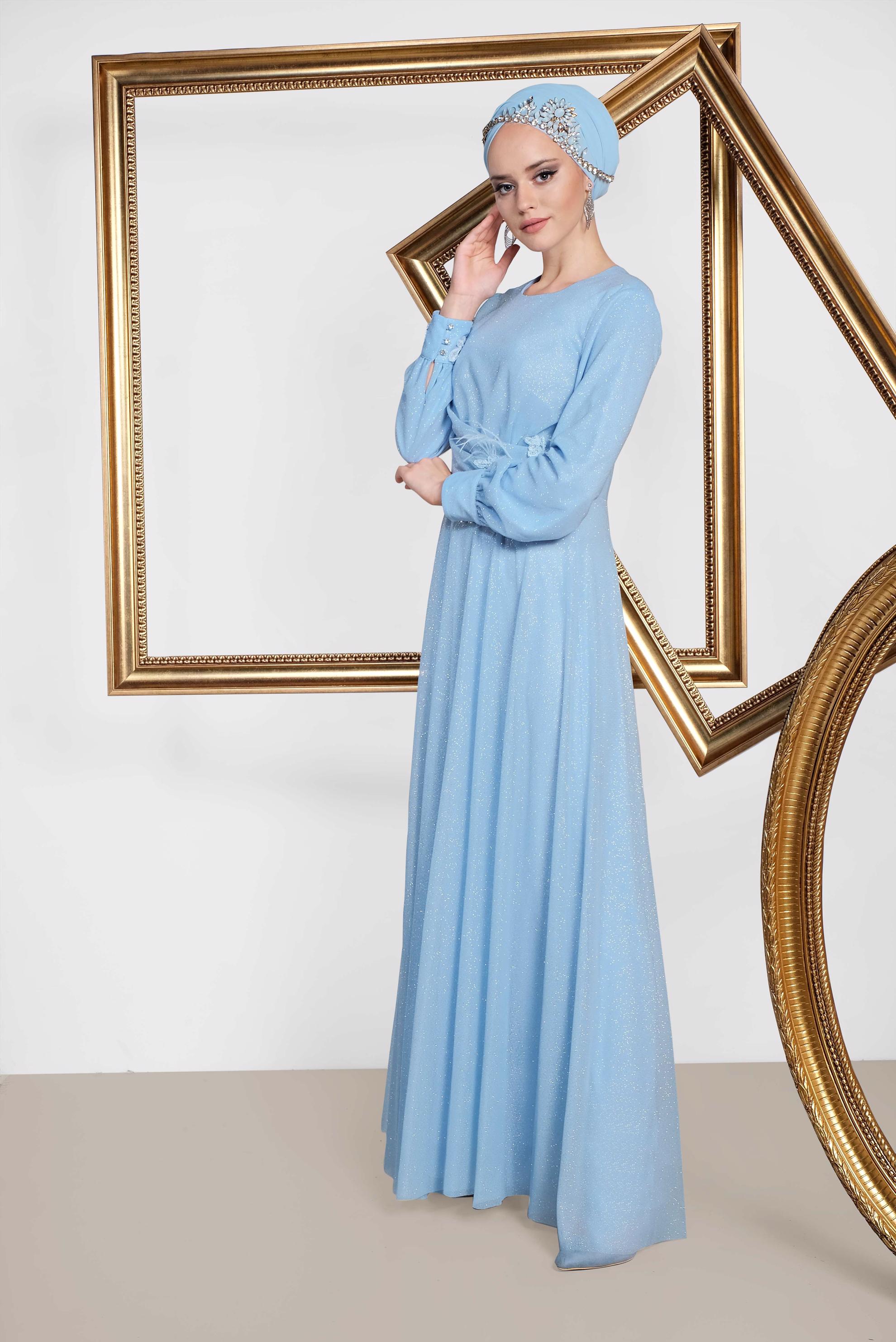 Tesettür giyim MAVİ GÜPÜR VE TÜY DETAYLI SİM KUMAŞ ABİYE 5608 