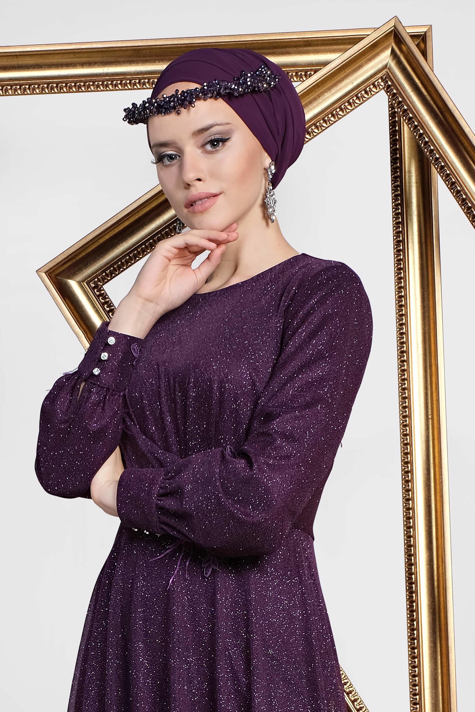 Tesettür giyim MÜRDÜM GÜPÜR VE TÜY DETAYLI SİM KUMAŞ ABİYE 5608 