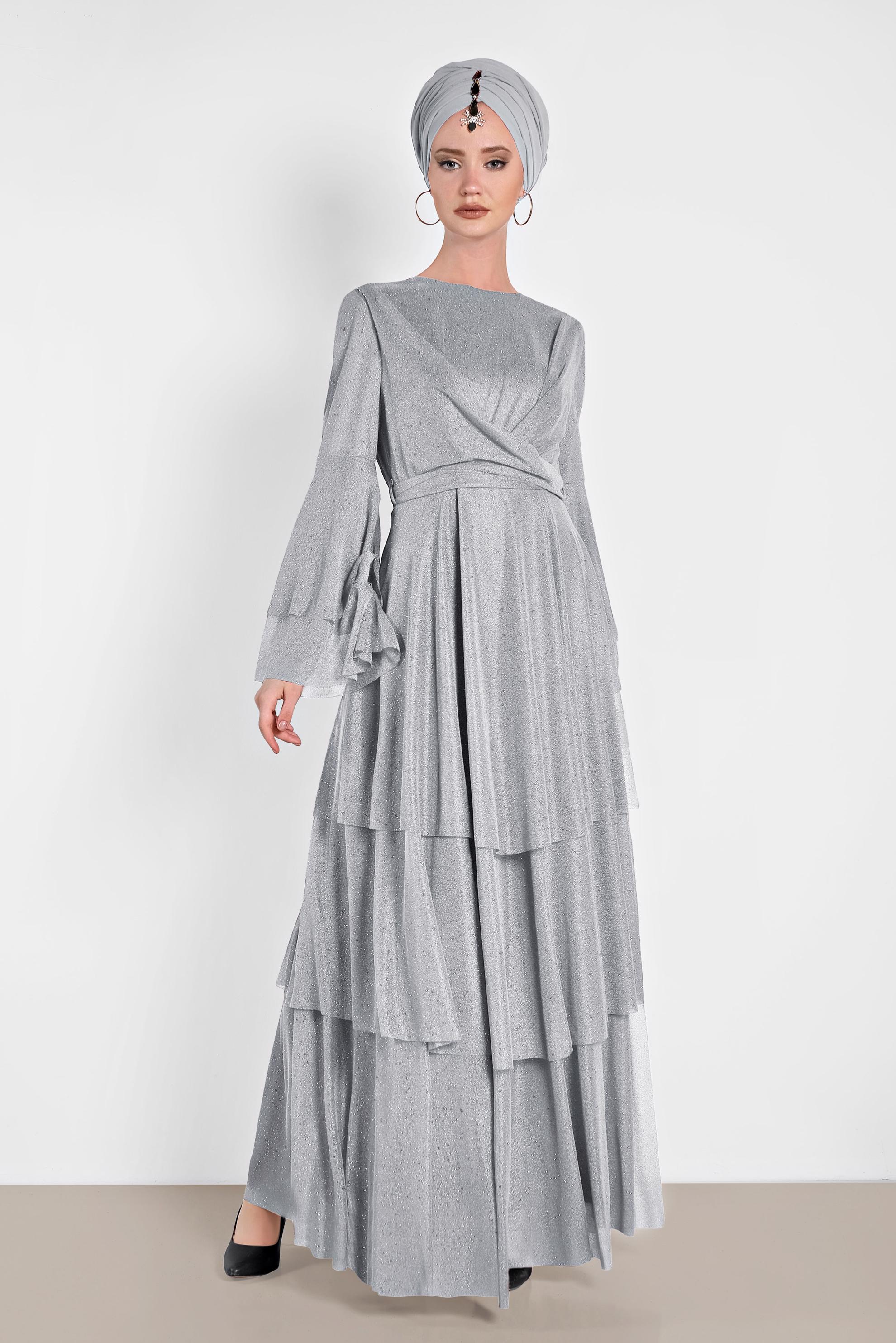 Tesettür giyim GRİ KOLLARI VOLANLI SİMLİ ABİYE 5609