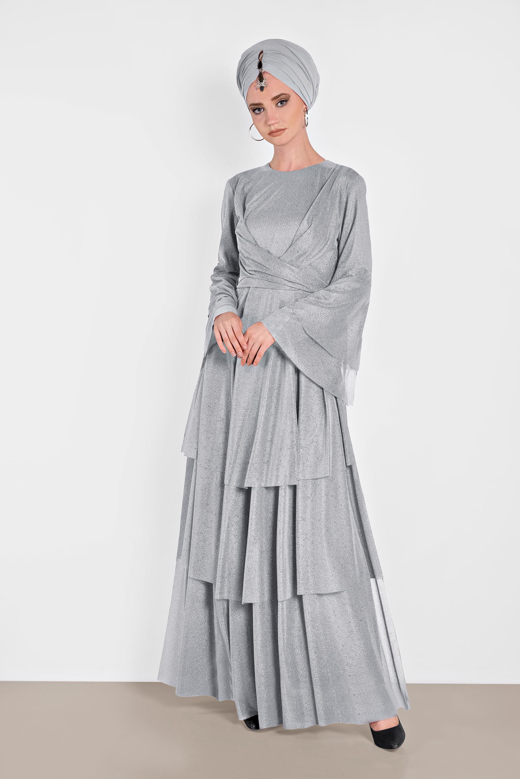 Tesettür giyim GRİ KOLLARI VOLANLI SİMLİ ABİYE 5609
