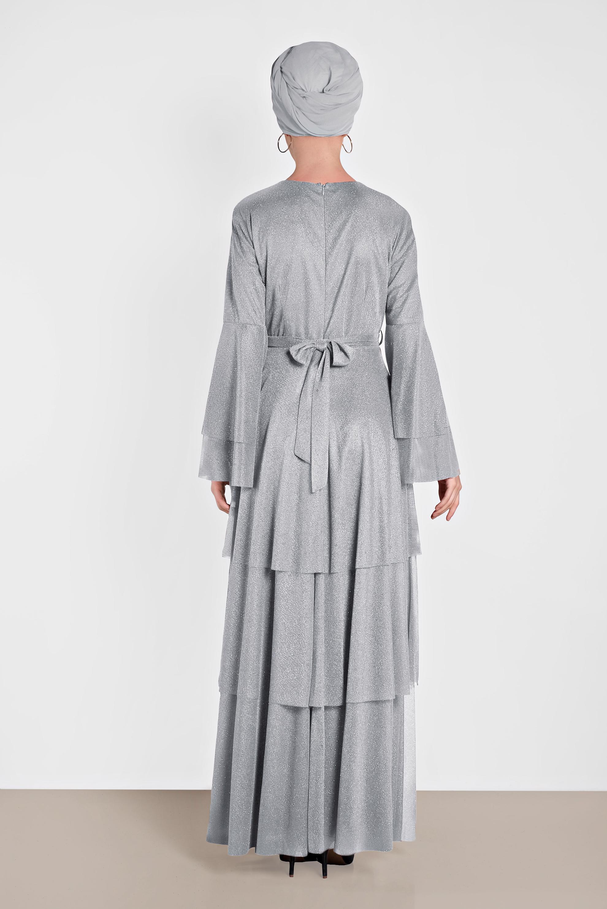 Tesettür giyim GRİ KOLLARI VOLANLI SİMLİ ABİYE 5609