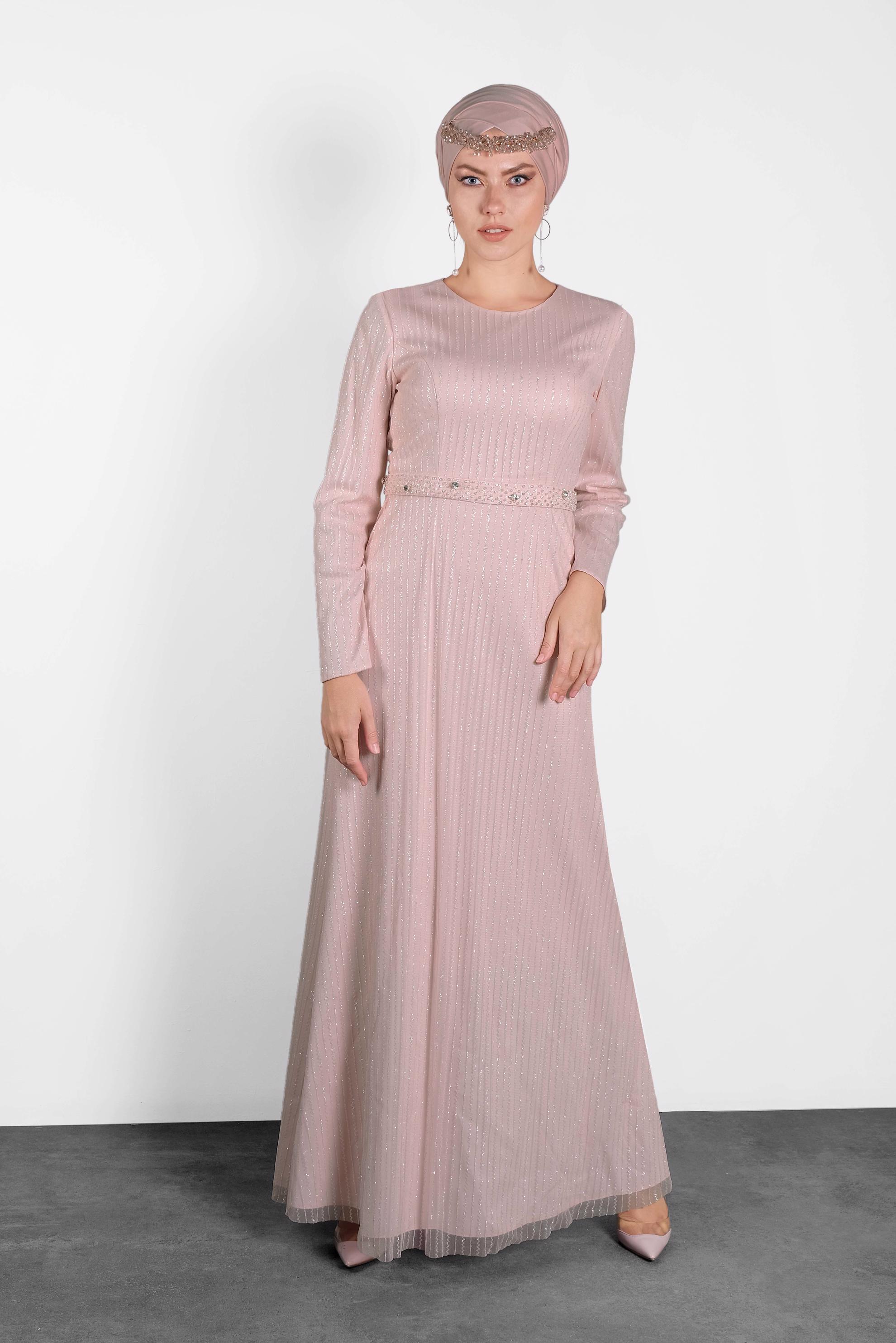 Tesettür giyim PUDRA BONCUK İŞLEME DETAYLI SİM KUMAŞ ABİYE 5617 