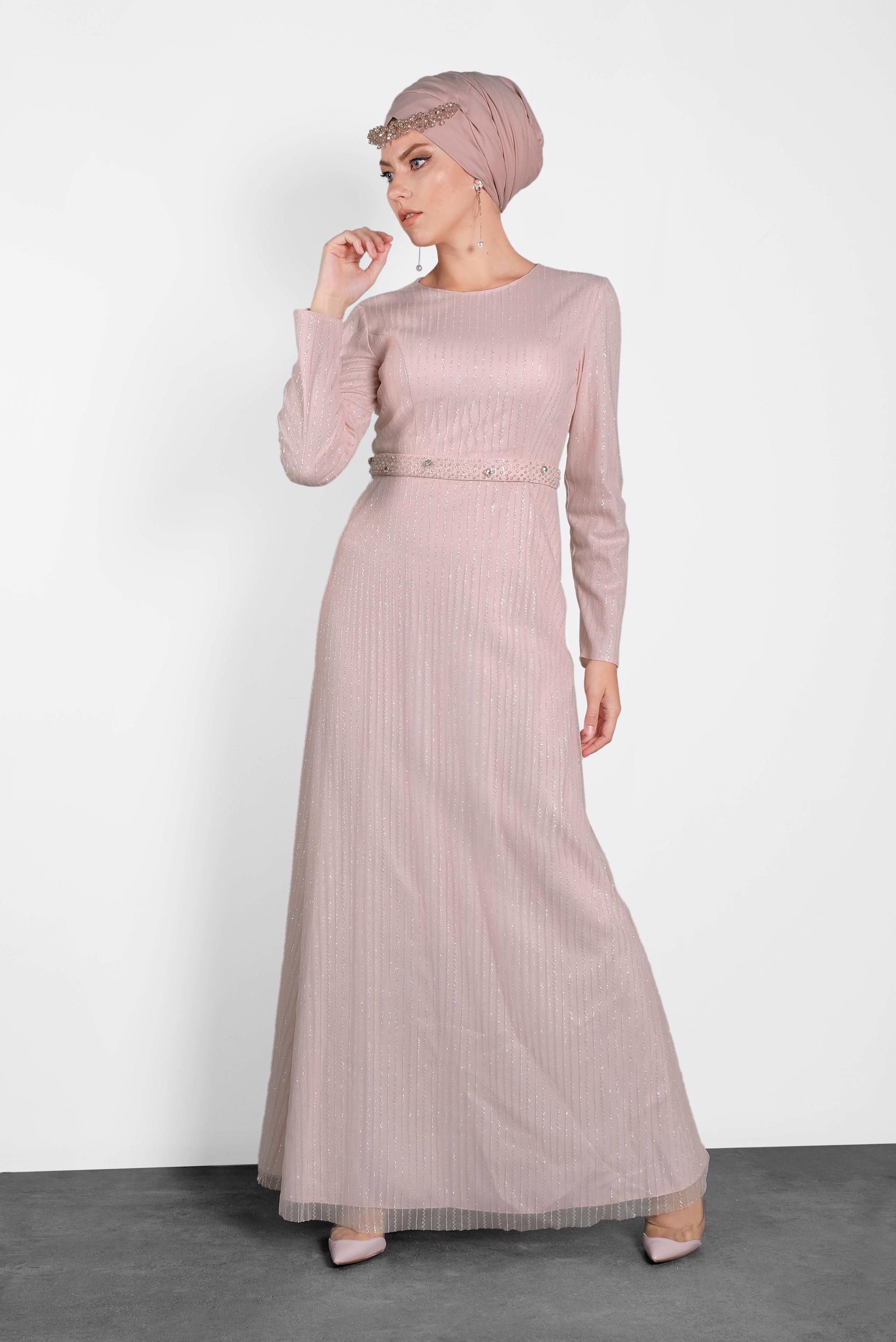 Tesettür giyim PUDRA BONCUK İŞLEME DETAYLI SİM KUMAŞ ABİYE 5617 